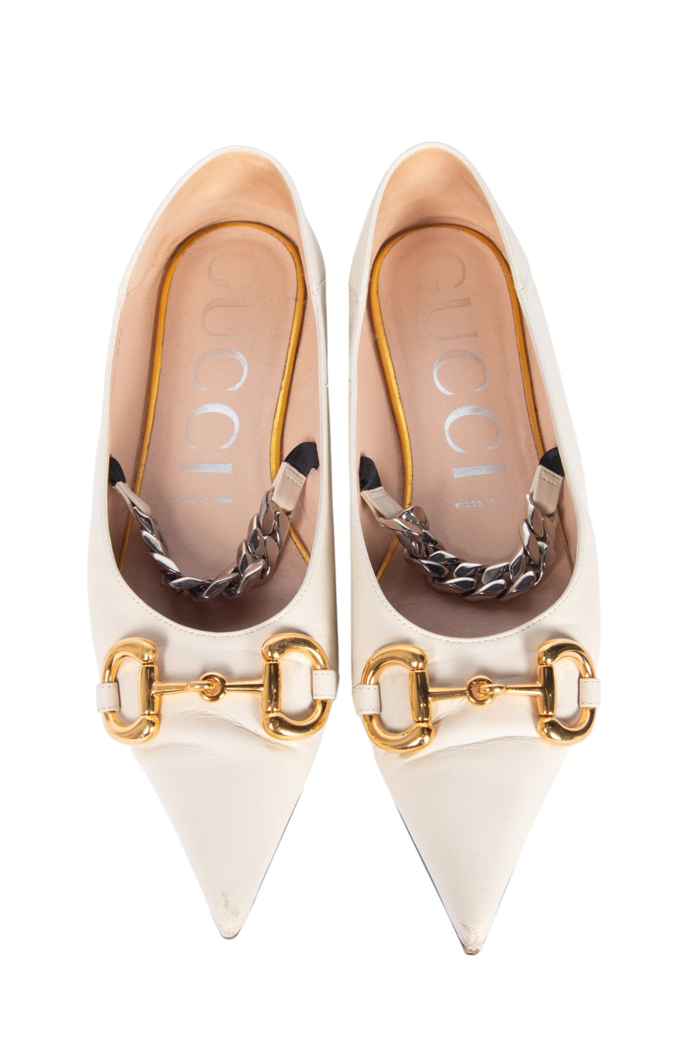 Gucci White Horsebit Chain Embellished Pointed Flats Size 38.5