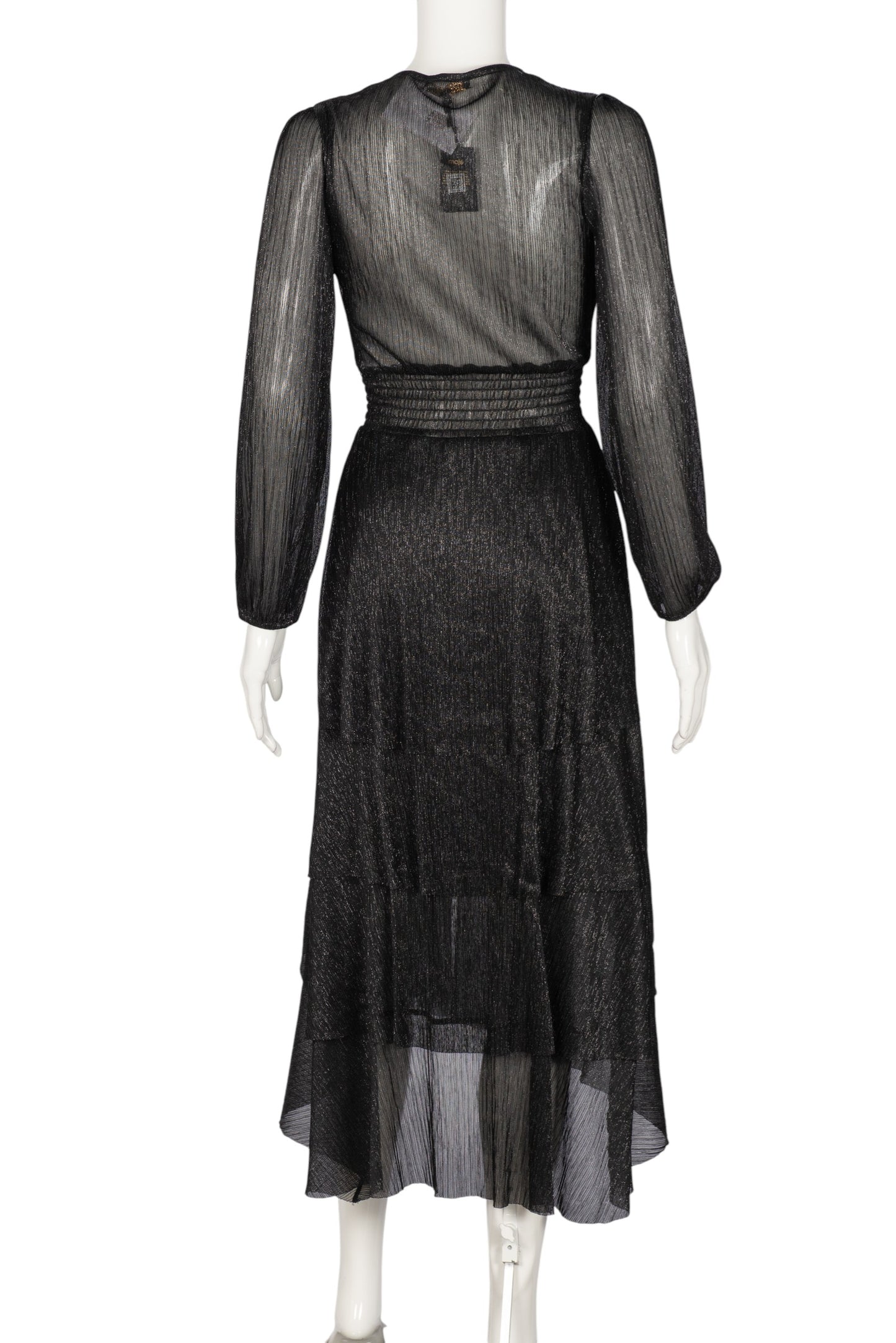 MAJE Black Knit Long Sleeve Asymmetrical Pleated Midi Dress Size XS