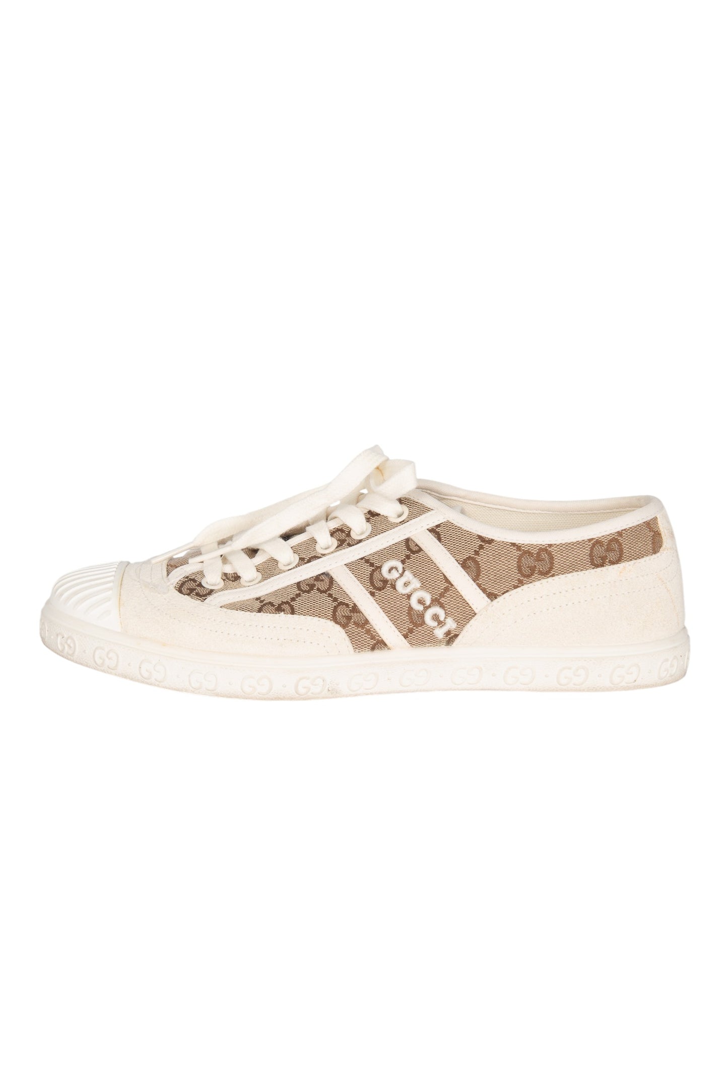 GUCCI White GG Canvas Brown Logo Sneakers Size 38