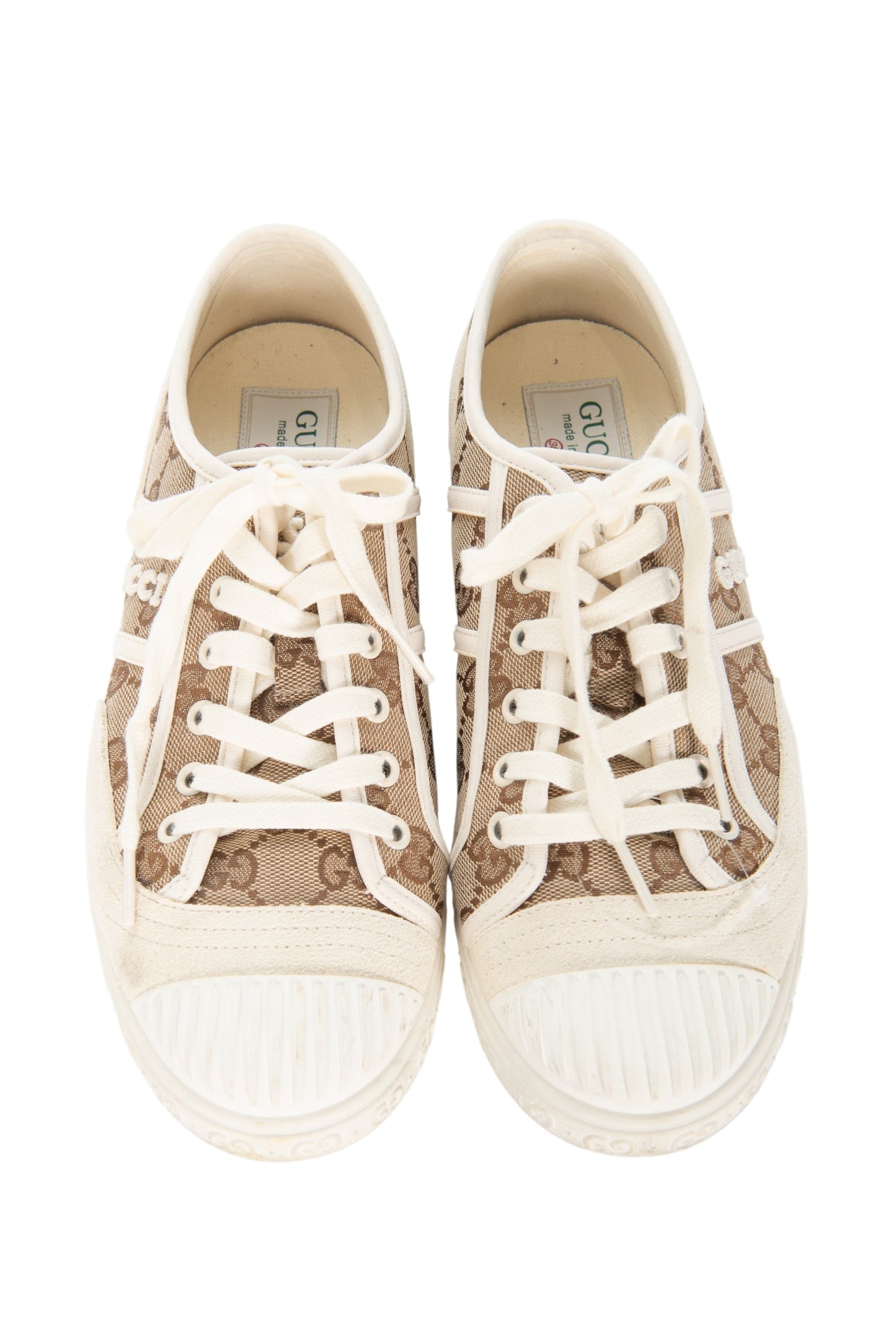 GUCCI White GG Canvas Brown Logo Sneakers Size 38