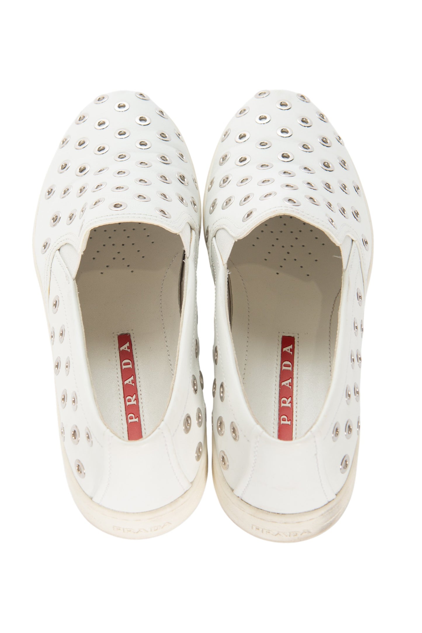 PRADA White Leather Studded Slip-On Sneakers Size 39
