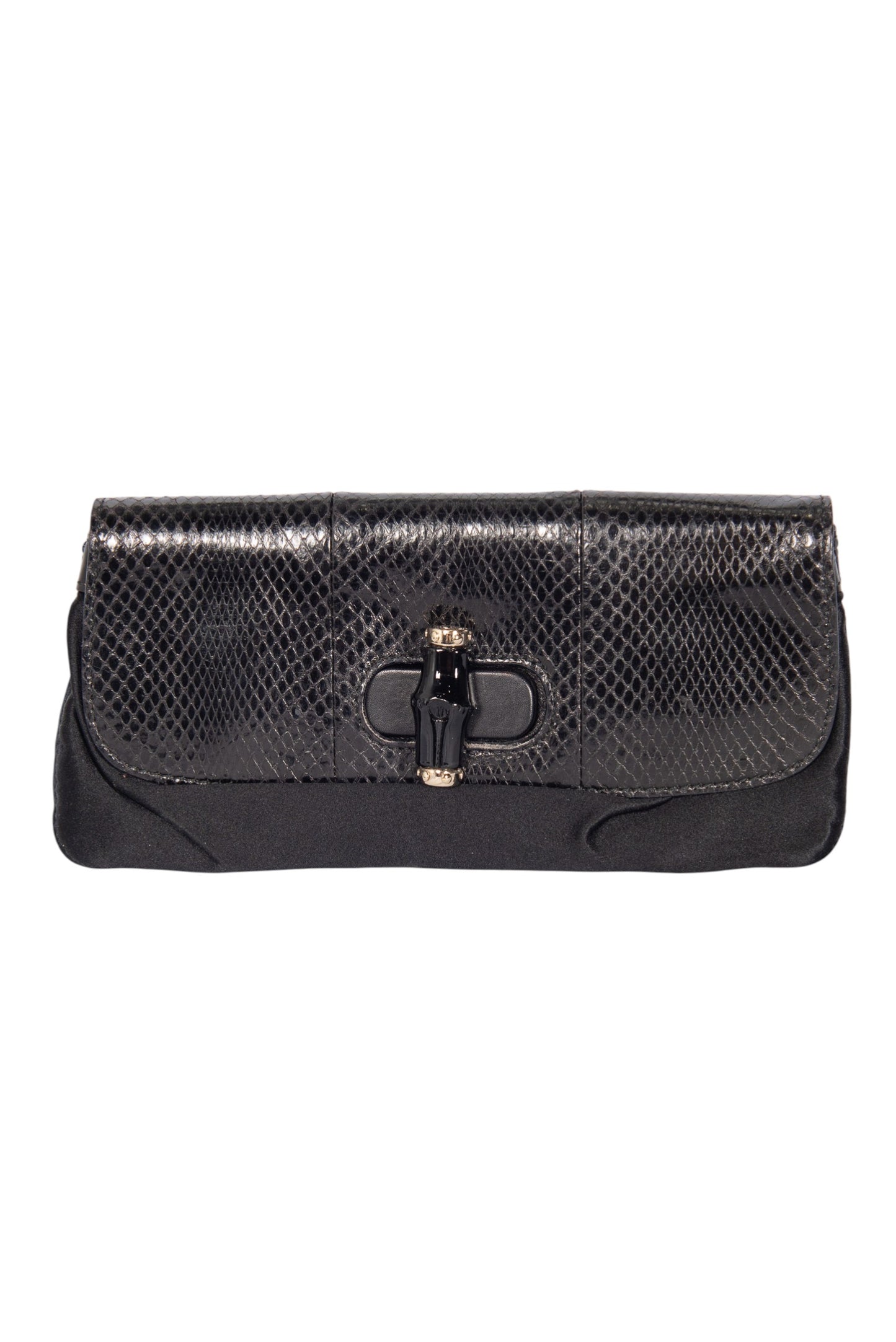 GUCCI Black Snakeskin and Satin Bamboo Clutch Bag