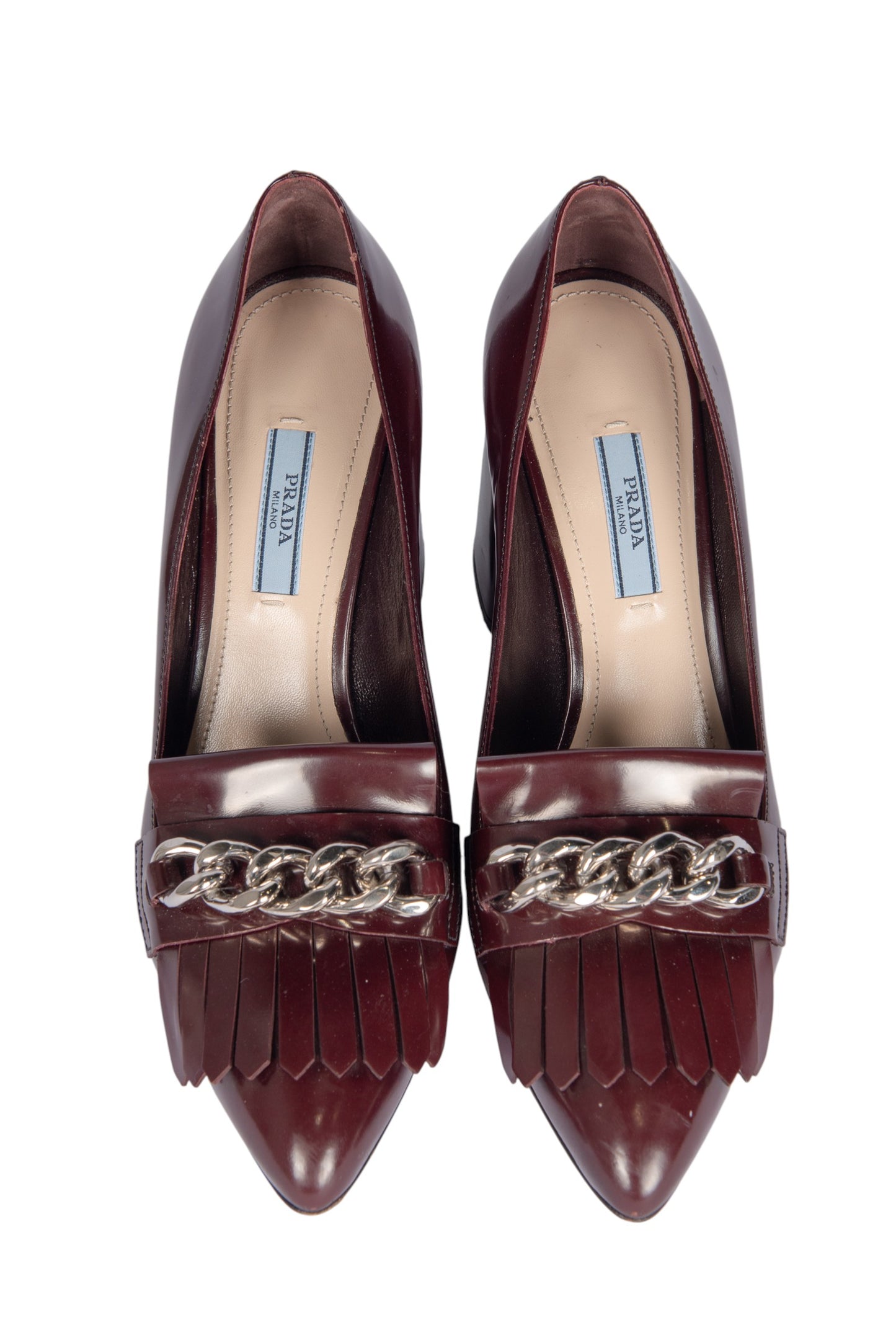 PRADA Burgundy Merlot Patent Leather Kiltie Chain Block Heel Pumps Size 39