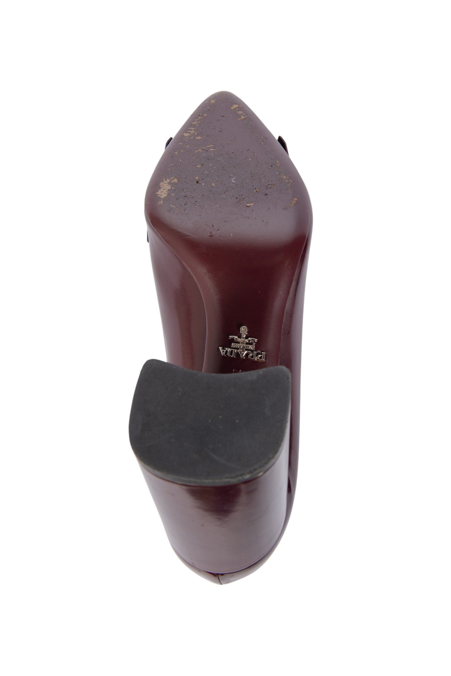 PRADA Burgundy Merlot Patent Leather Kiltie Chain Block Heel Pumps Size 39