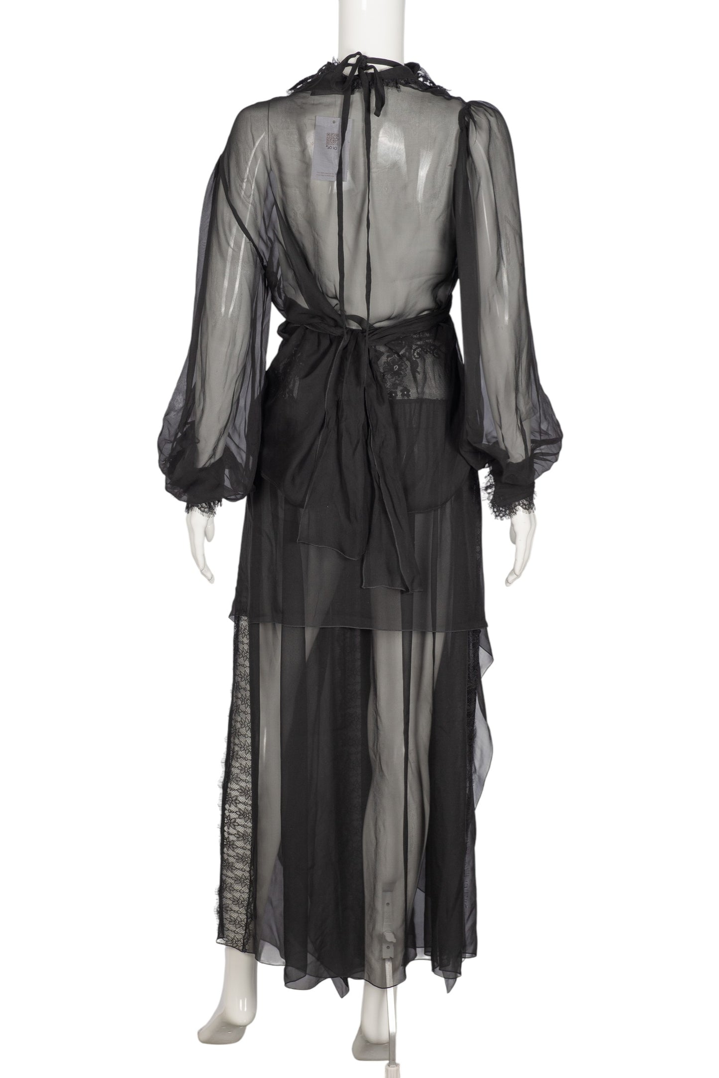 ALBERTA FERRETTI Black Silk Lace Sheer Ruffle Blouse & Skirt 3-Piece Set Size M