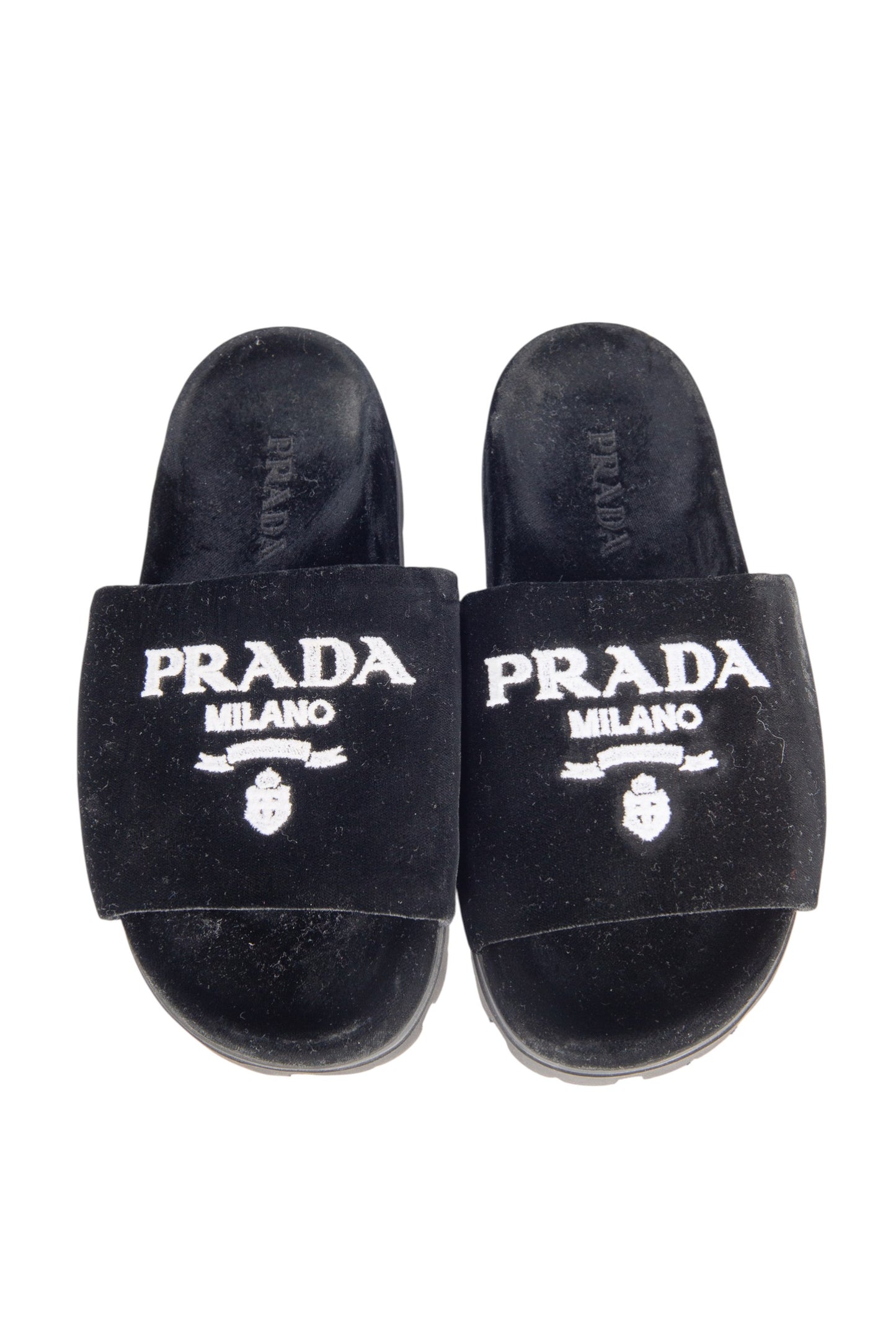 Prada Black Velvet Logo Slide Flats Size 36