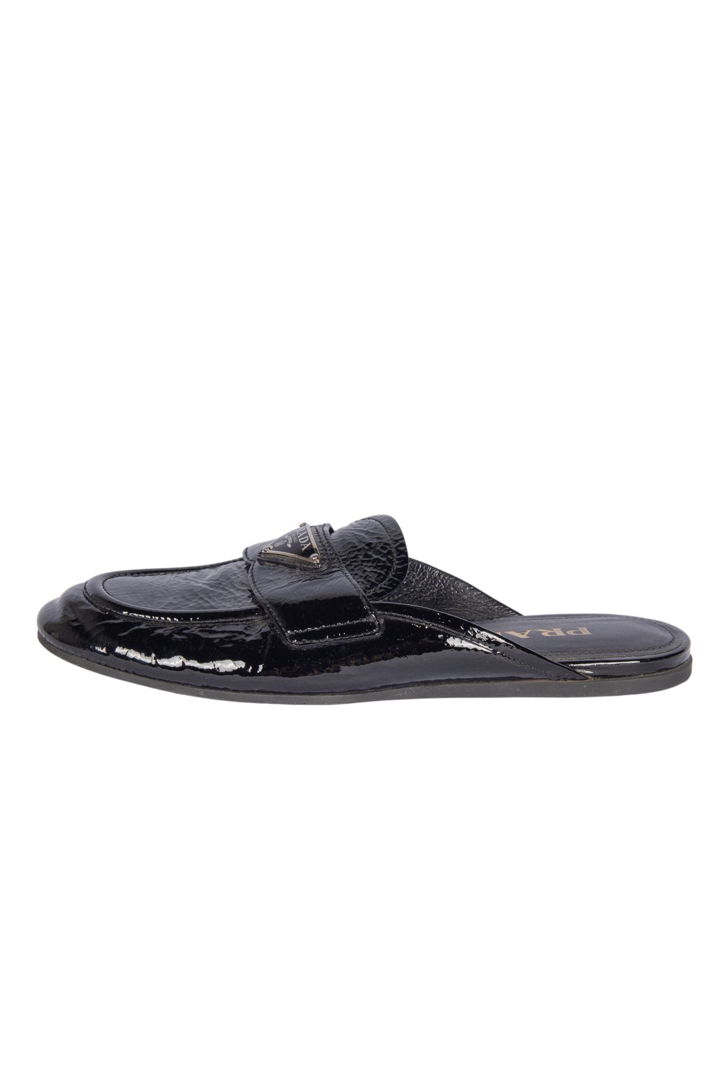 PRADA Black Patent Leather Triangle Logo Mules Size 37