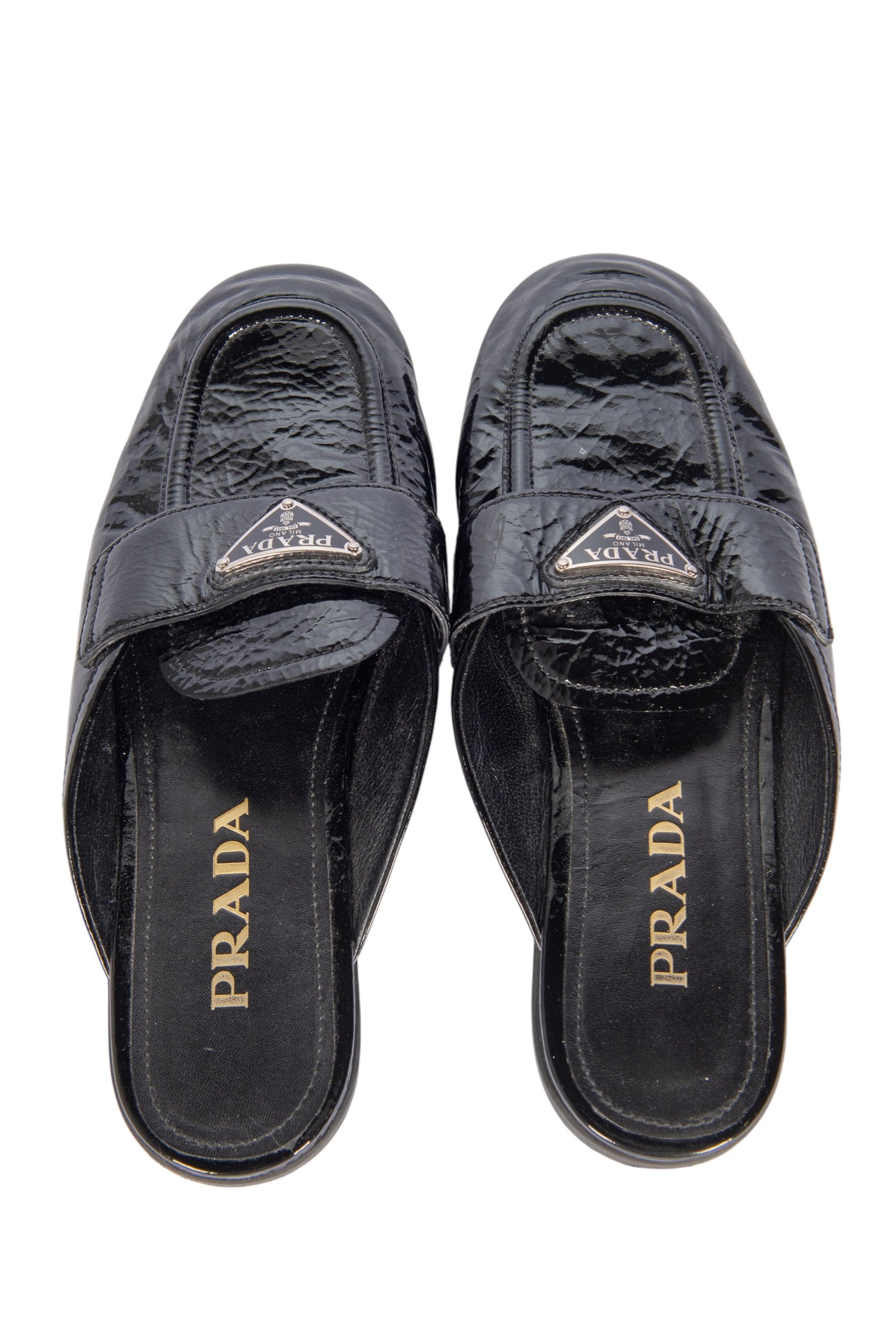PRADA Black Patent Leather Triangle Logo Mules Size 37