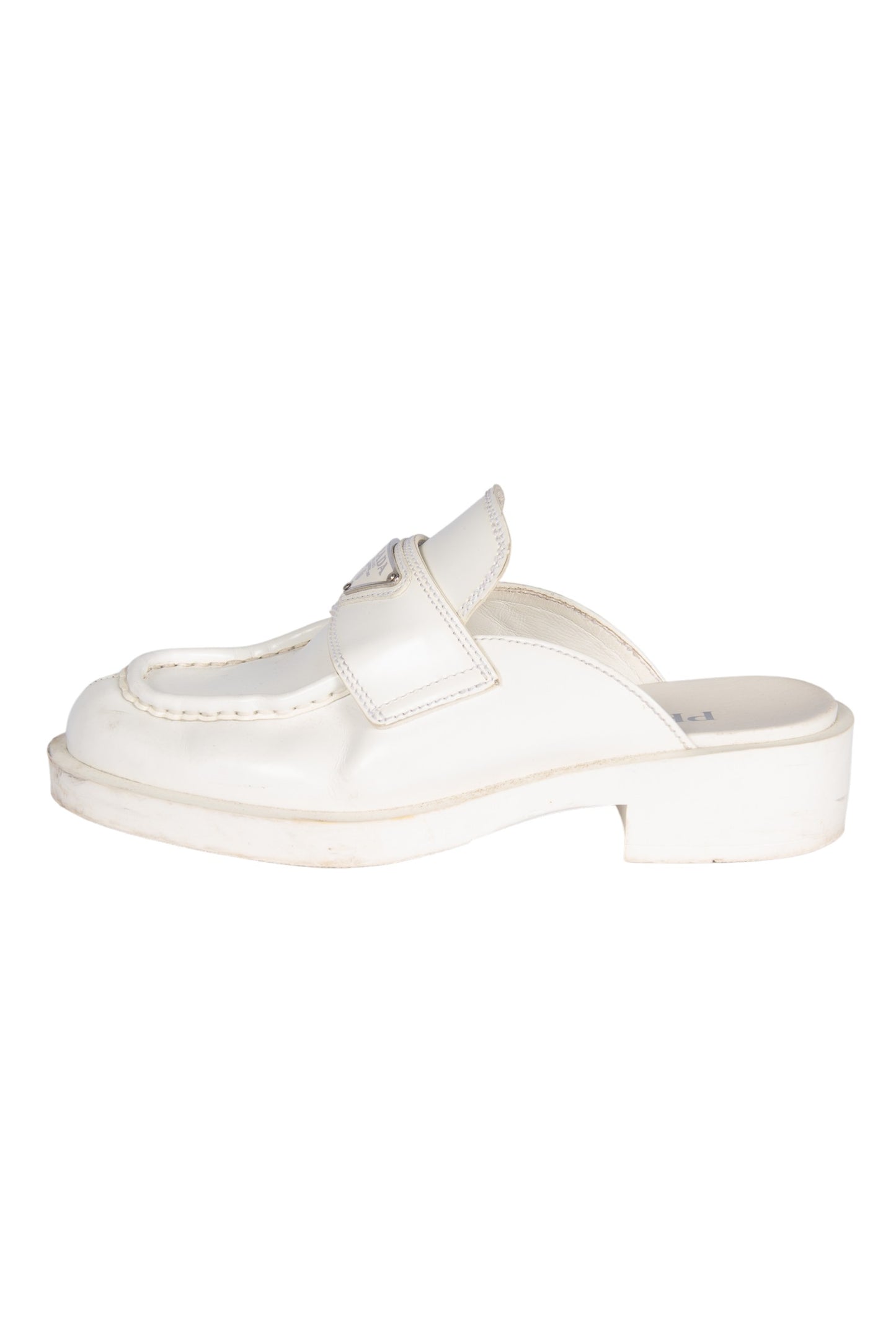 Prada White Leather Mules with Triangle Logo Size 36