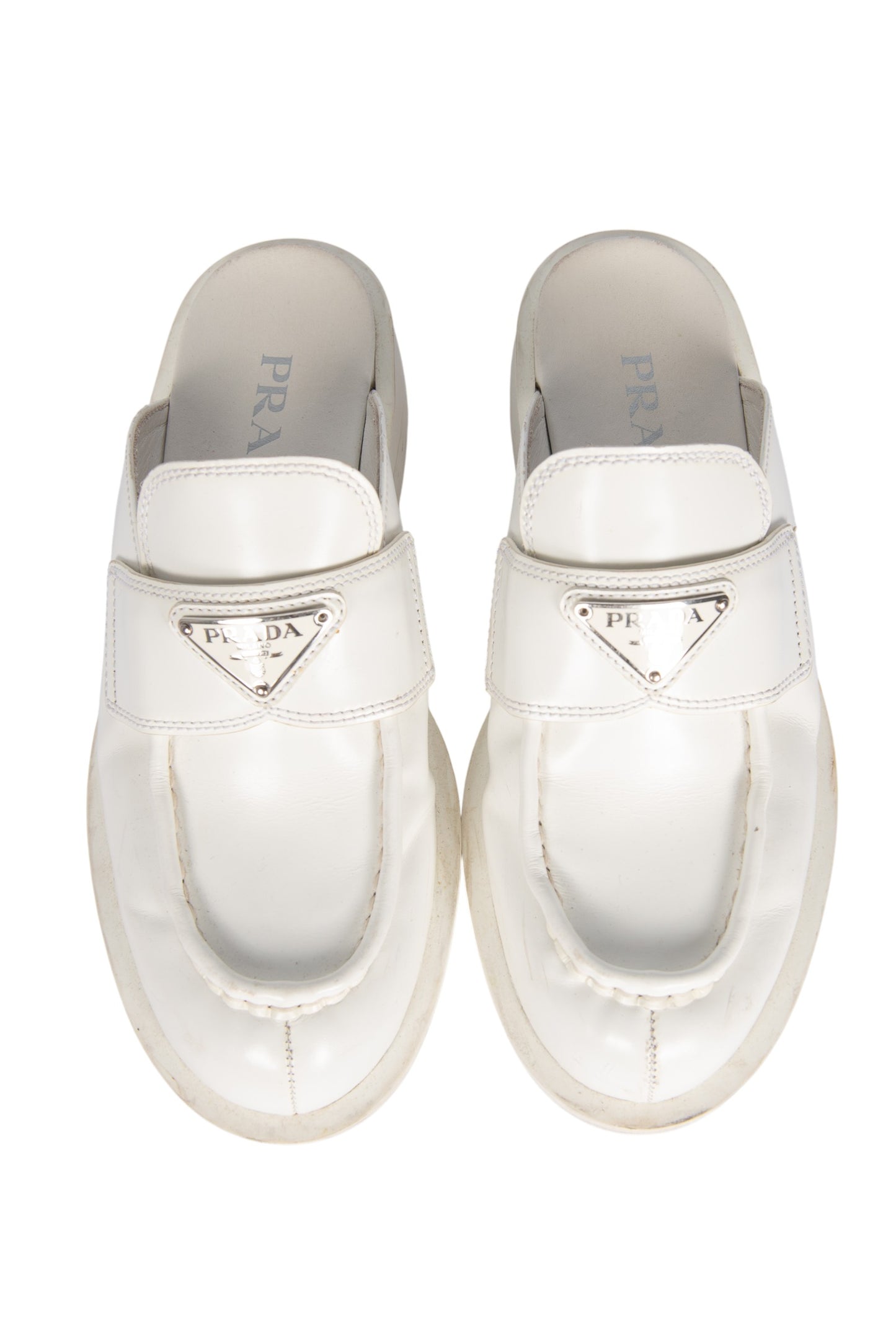 Prada White Leather Mules with Triangle Logo Size 36