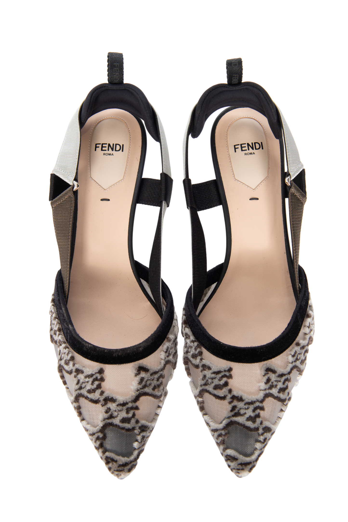 FENDI Black Mesh Logo Pointed Slingback Heels Size 38