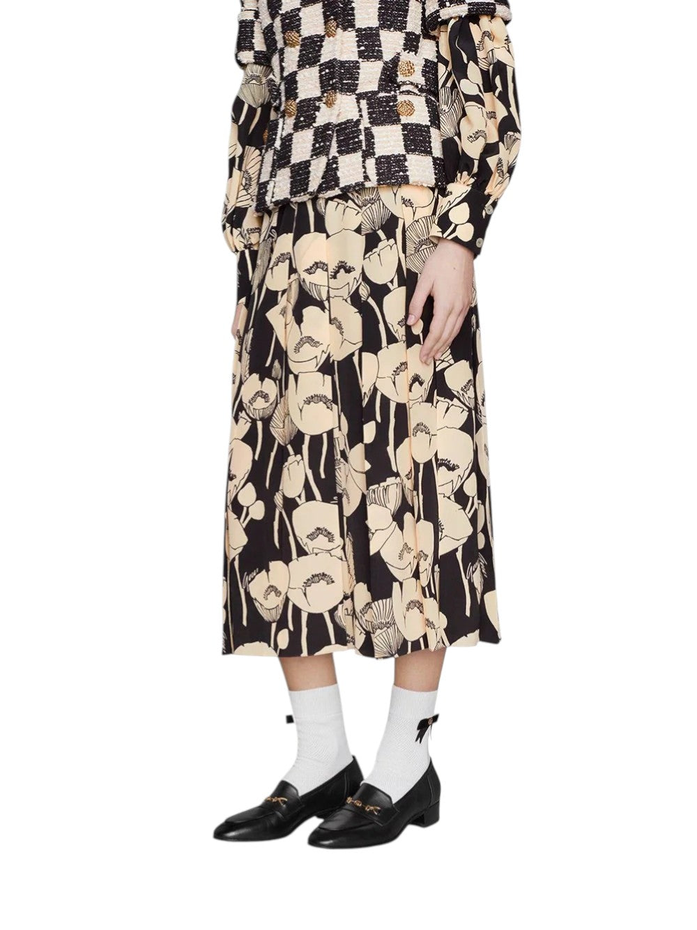 GUCCI Black Beige Silk Poppy Floral Midi Skirt Size 42 US 6