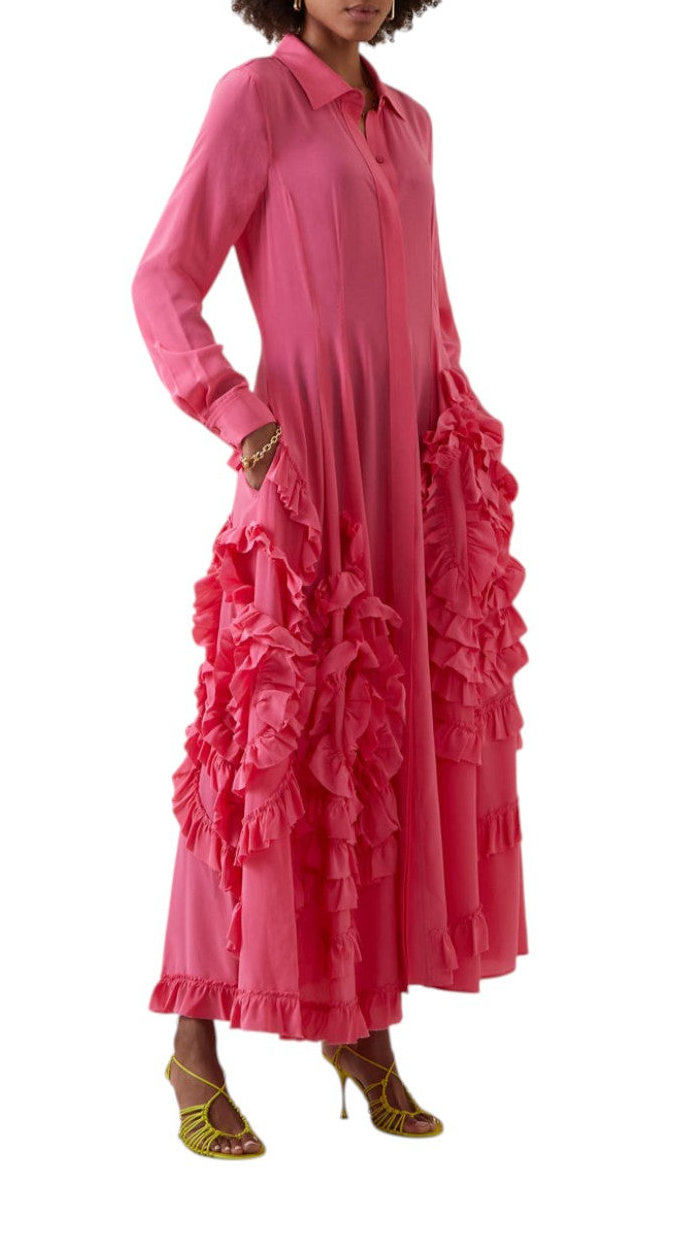 ULLA JOHNSON Pink Silk Gwen Ruffle Maxi Dress Size M