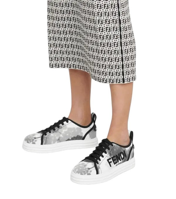 FENDI Black White Canvas Printed Logo Sneakers Size 36 US 6