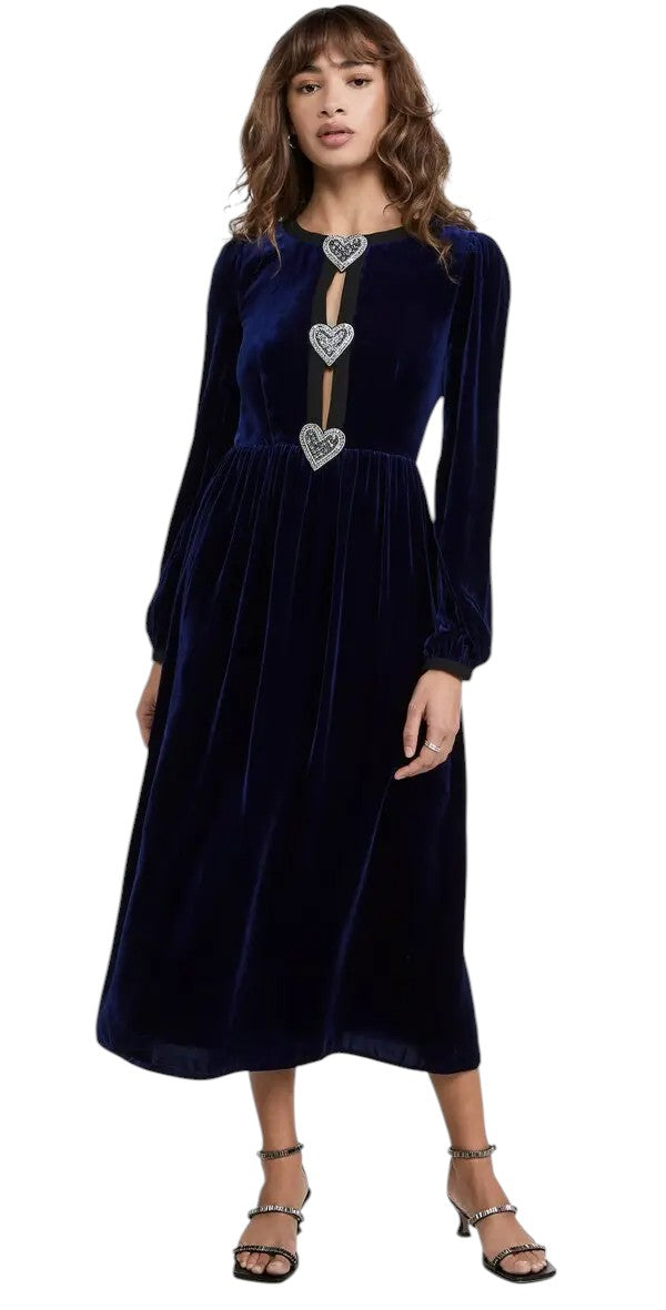 SALONI Blue Velvet Camille Crystal Maxi Dress Size XS