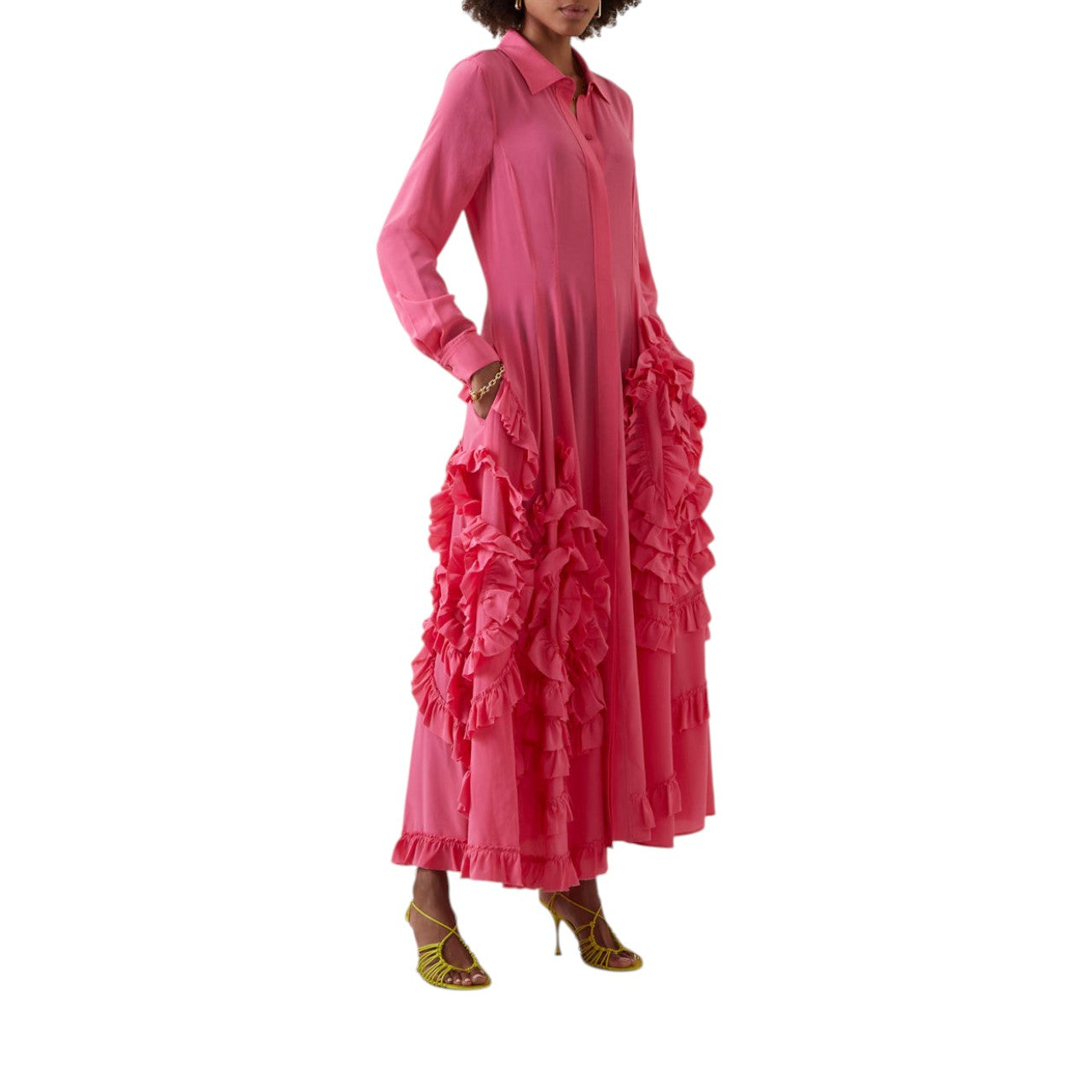 ULLA JOHNSON Pink Silk Gwen Ruffle Maxi Dress Size M