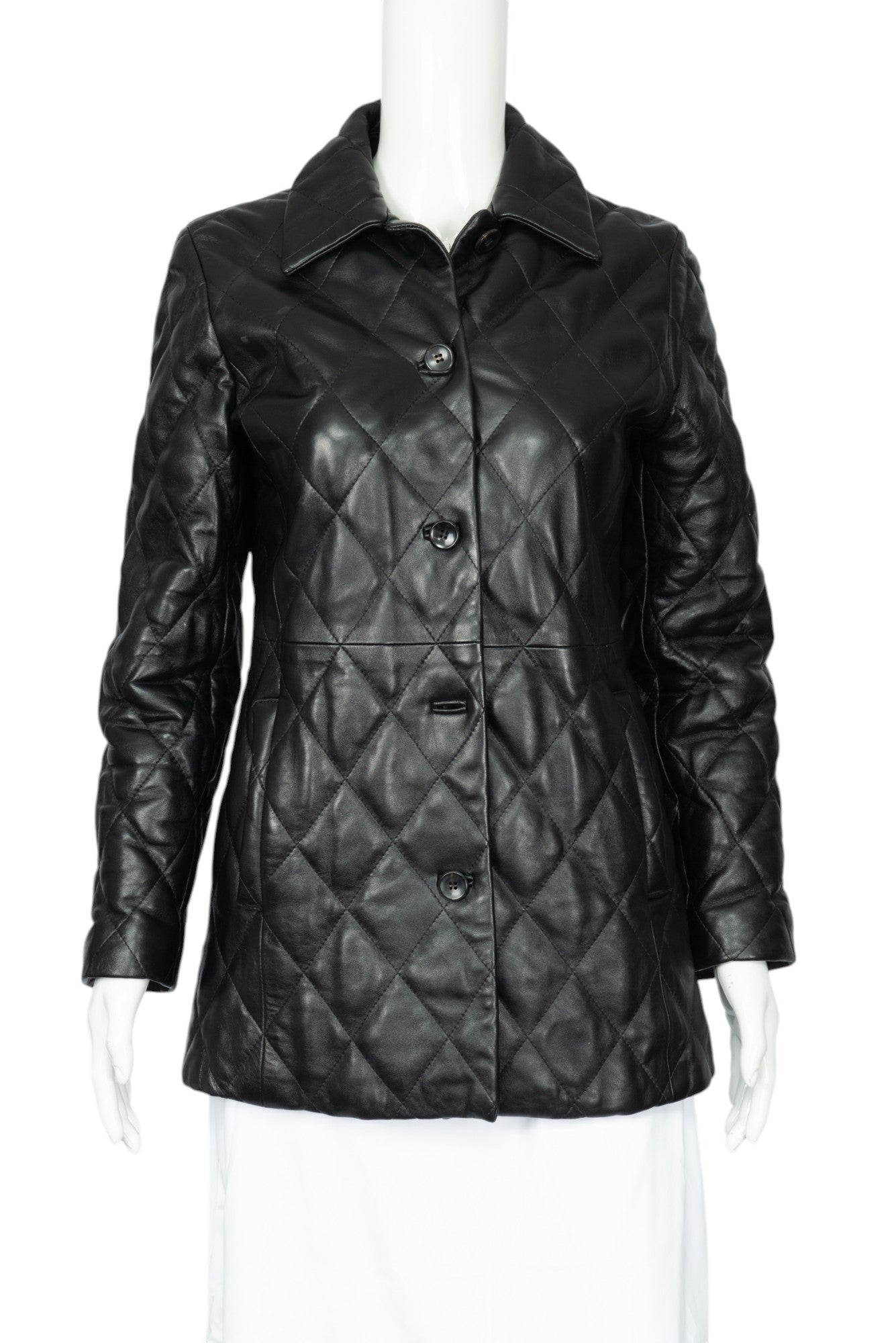BURBERRY Black Leather Quilted Mid-Length Jacket Size XS