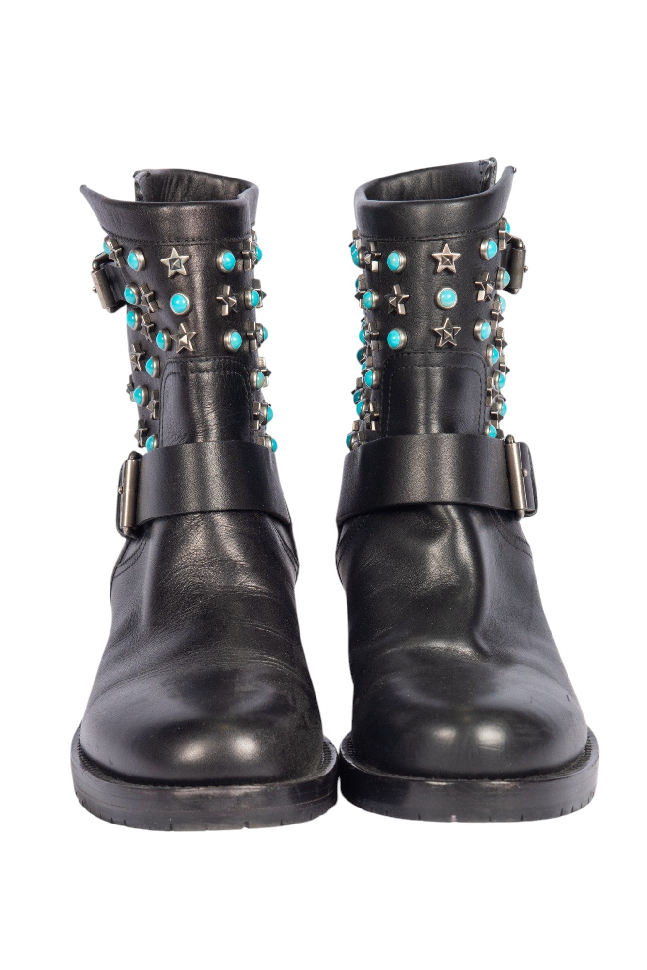 VALENTINO Black Leather Studded Biker Ankle Boots Size 37 US 7