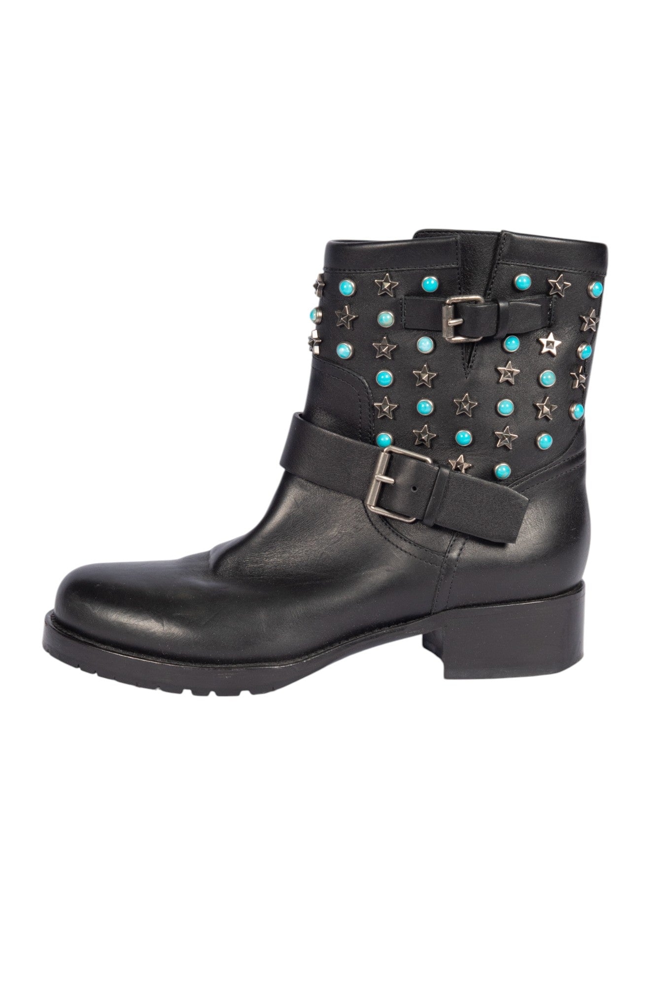 VALENTINO Black Leather Studded Biker Ankle Boots Size 37 US 7