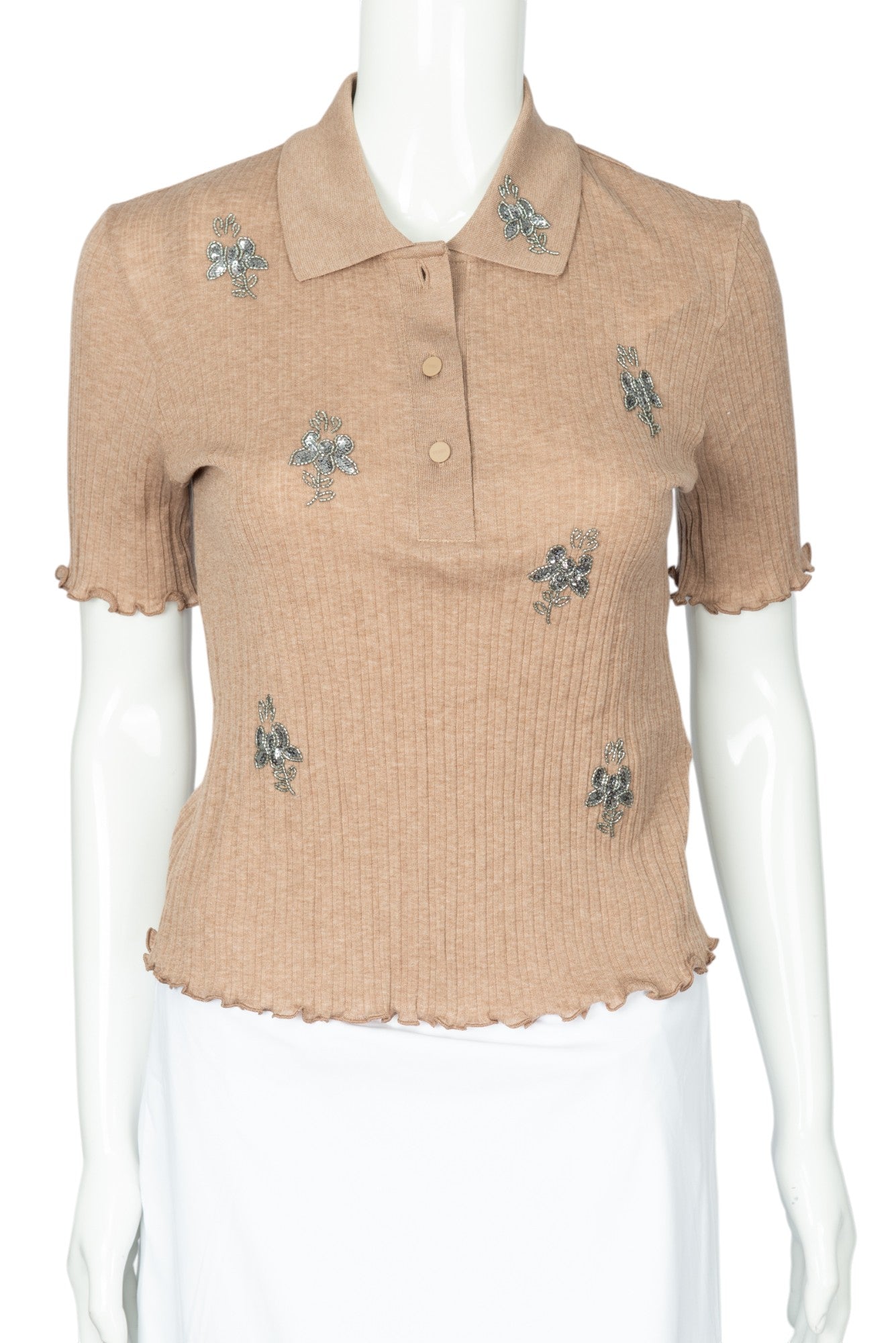 FENDI Beige Cotton Sequin Appliqué Polo Shirt Size M