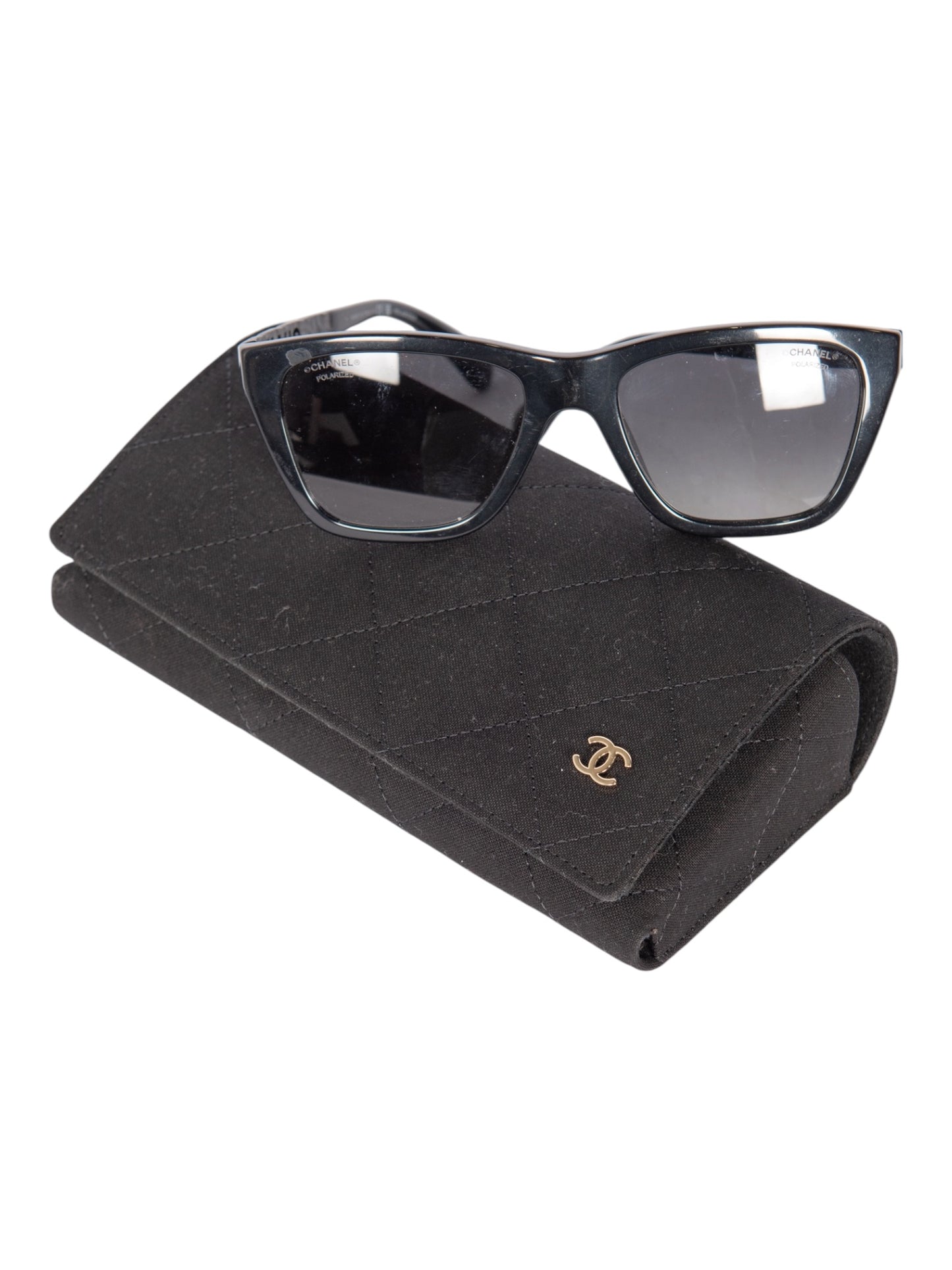 CHANEL Black Acetate Rectangular Logo Polarized Sunglasses