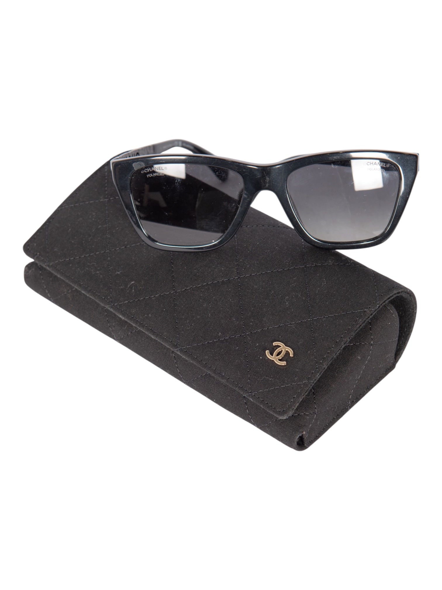 CHANEL Black Acetate Rectangular Logo Polarized Sunglasses