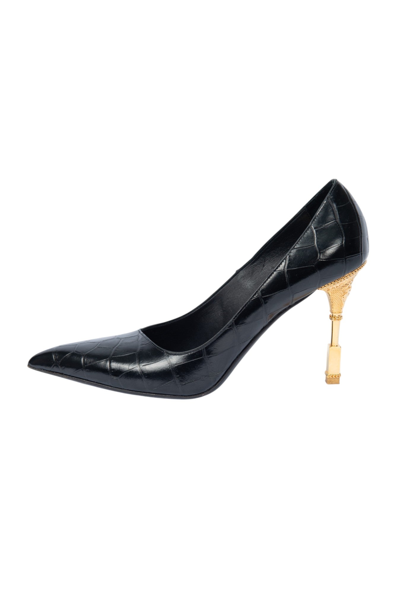 BALMAIN Black Croc-Embossed Leather Moneta Heels Size 39 US 9