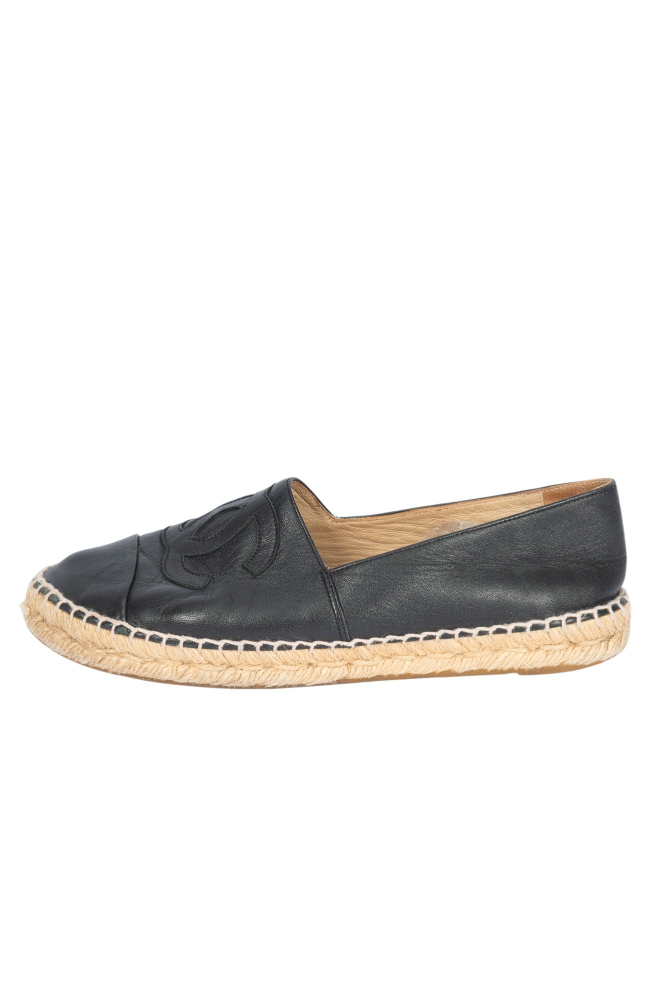 CHANEL Black Lambskin Leather CC Logo Espadrilles Flats Size 38
