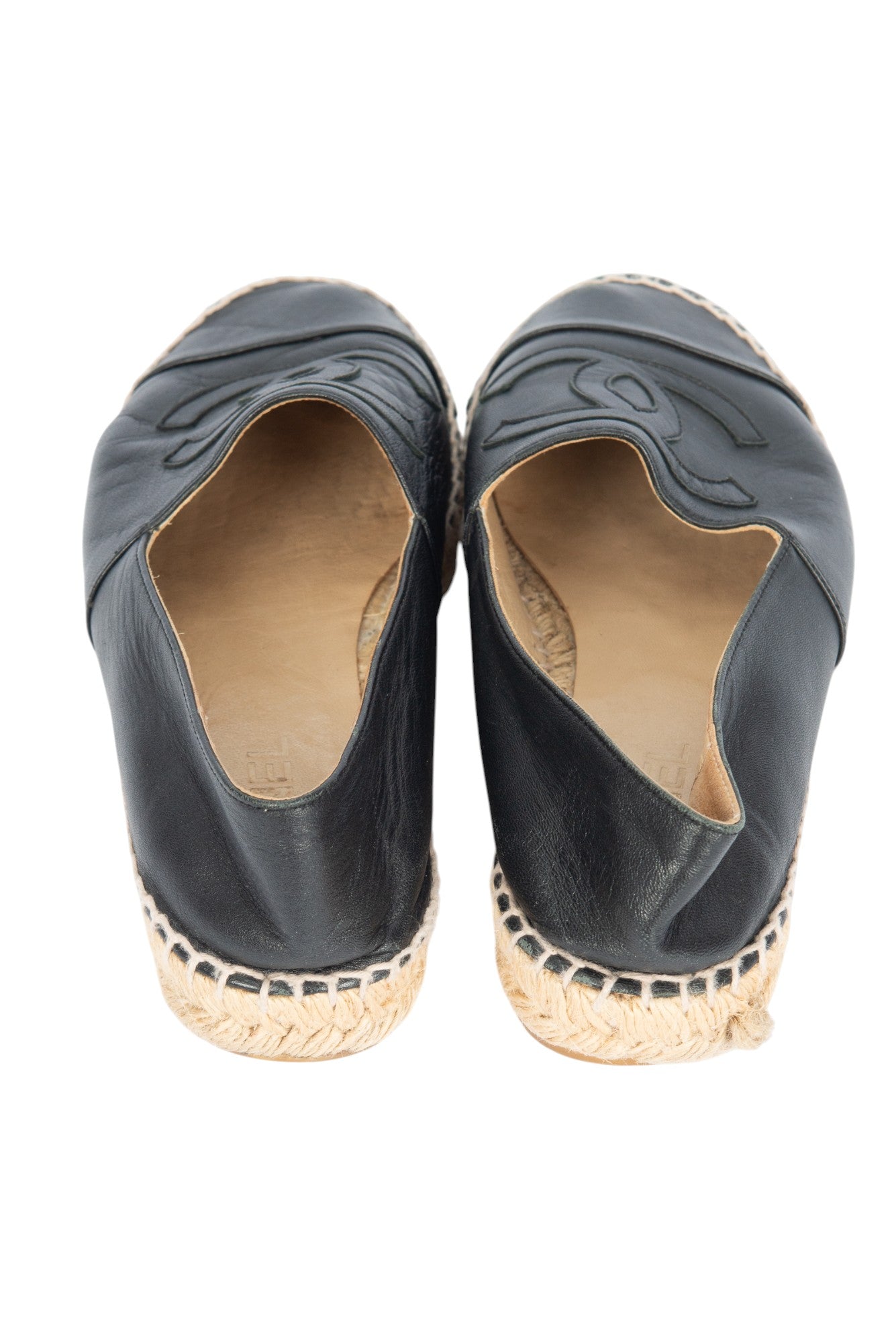 CHANEL Black Lambskin Leather CC Logo Espadrilles Flats Size 38
