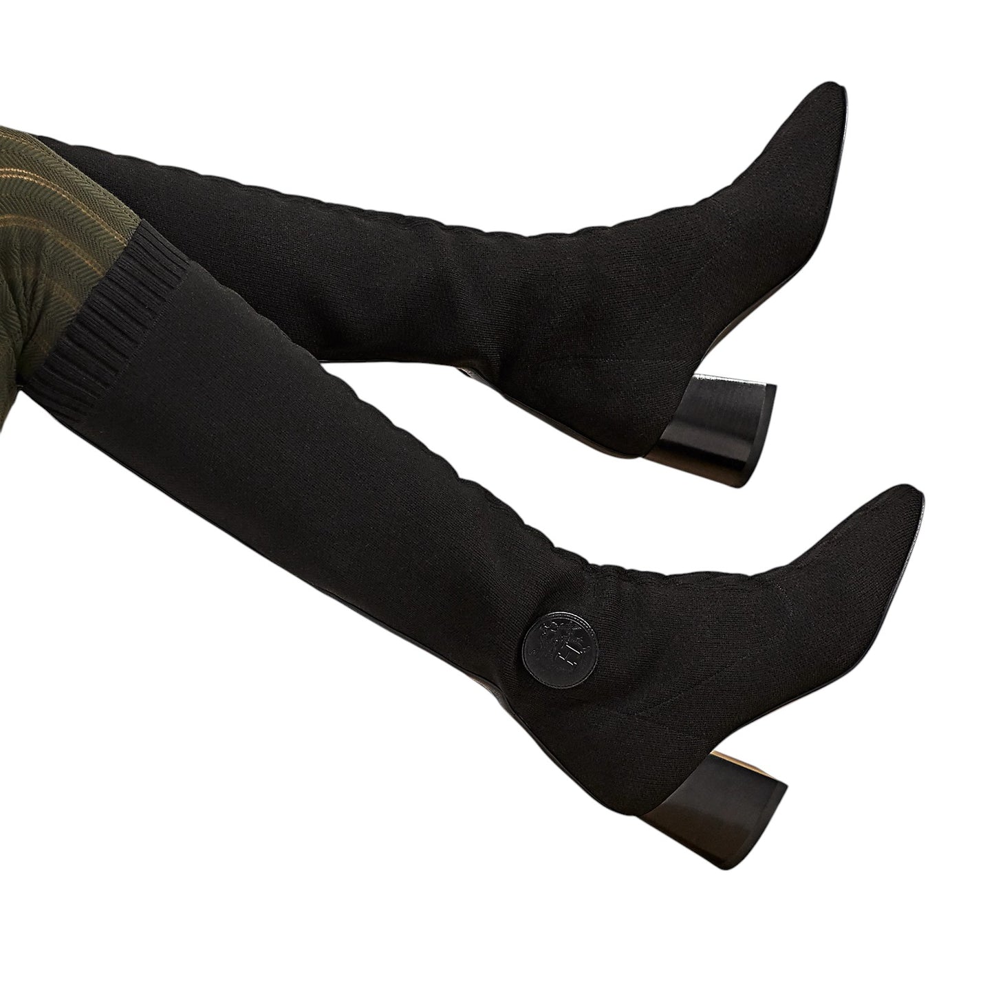 HERMÈS Black Knit Fontaine 60 Knee High Boots Size 38.5