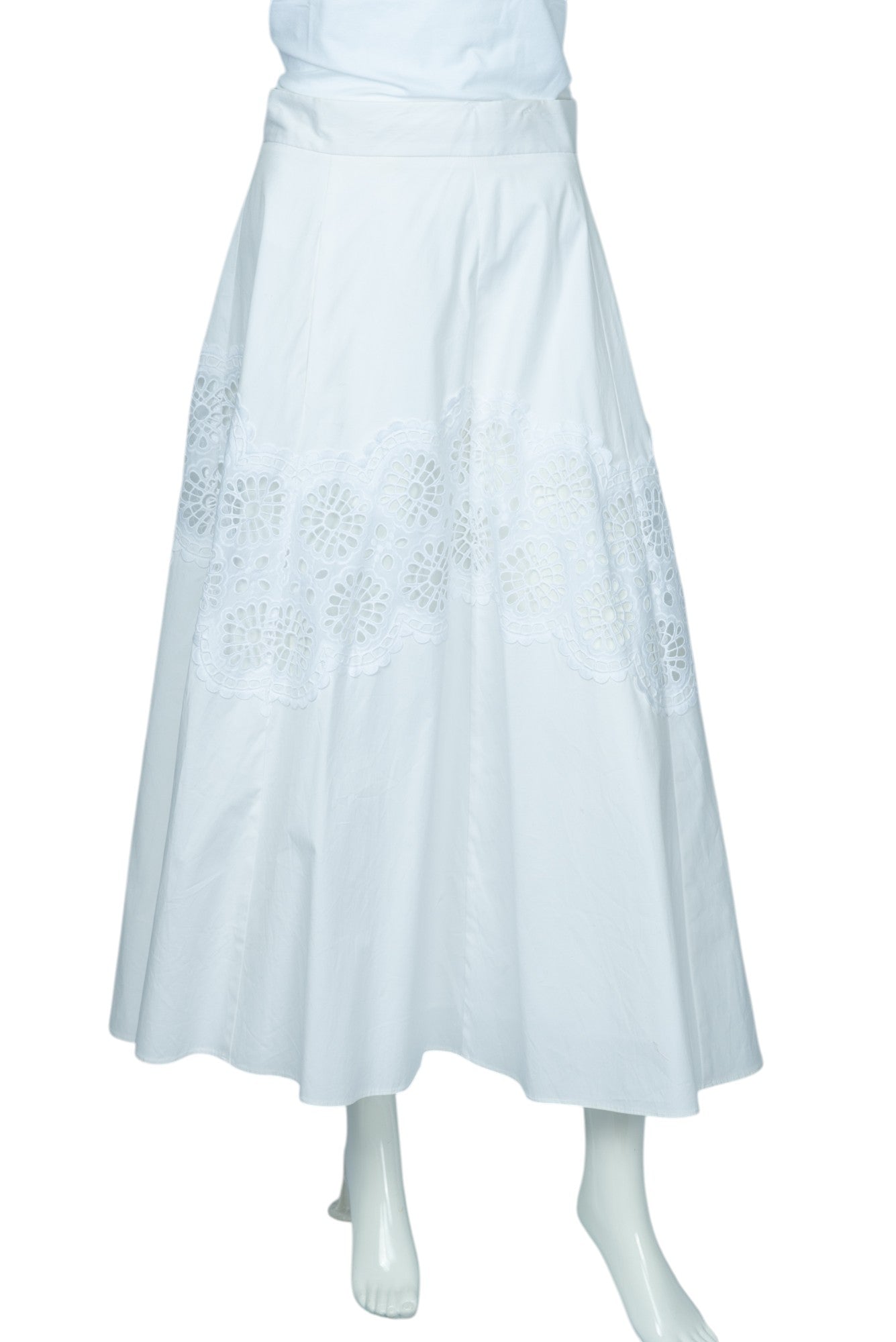 LELA ROSE White Cotton Embroidered Lace Midi Skirt Size 14