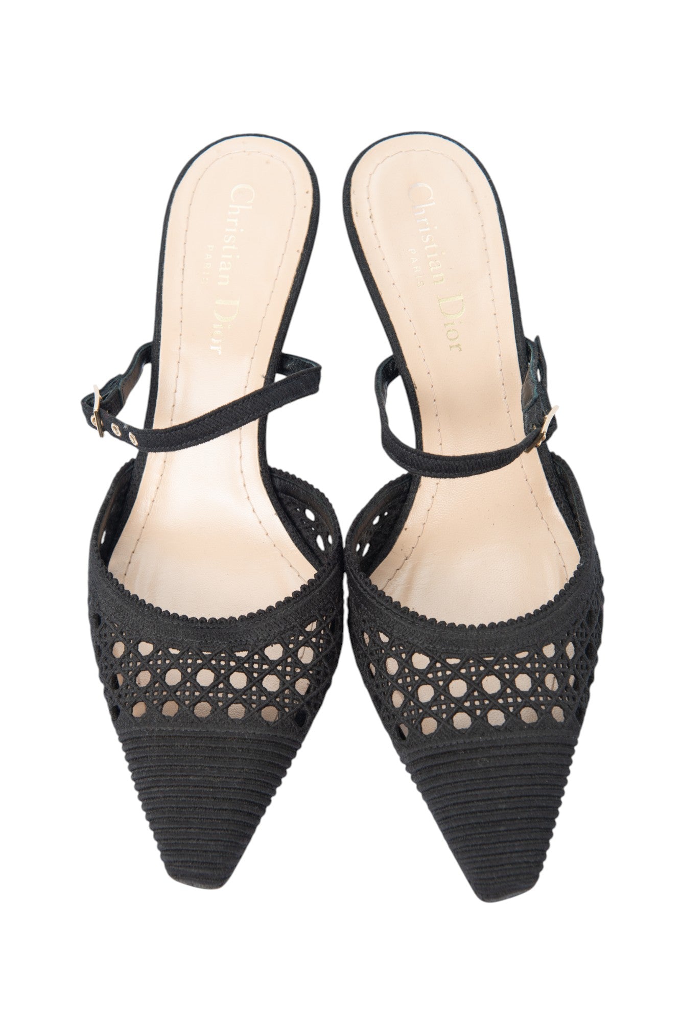 CHRISTIAN DIOR Black Cannage Canvas Mules Heels Size 37