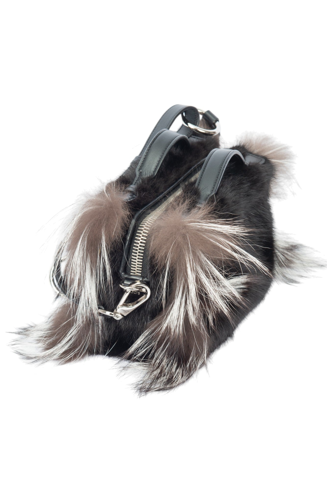 TOD'S Black/Grey Mink Fox Fur Leather Crossbody Shoulder Bag
