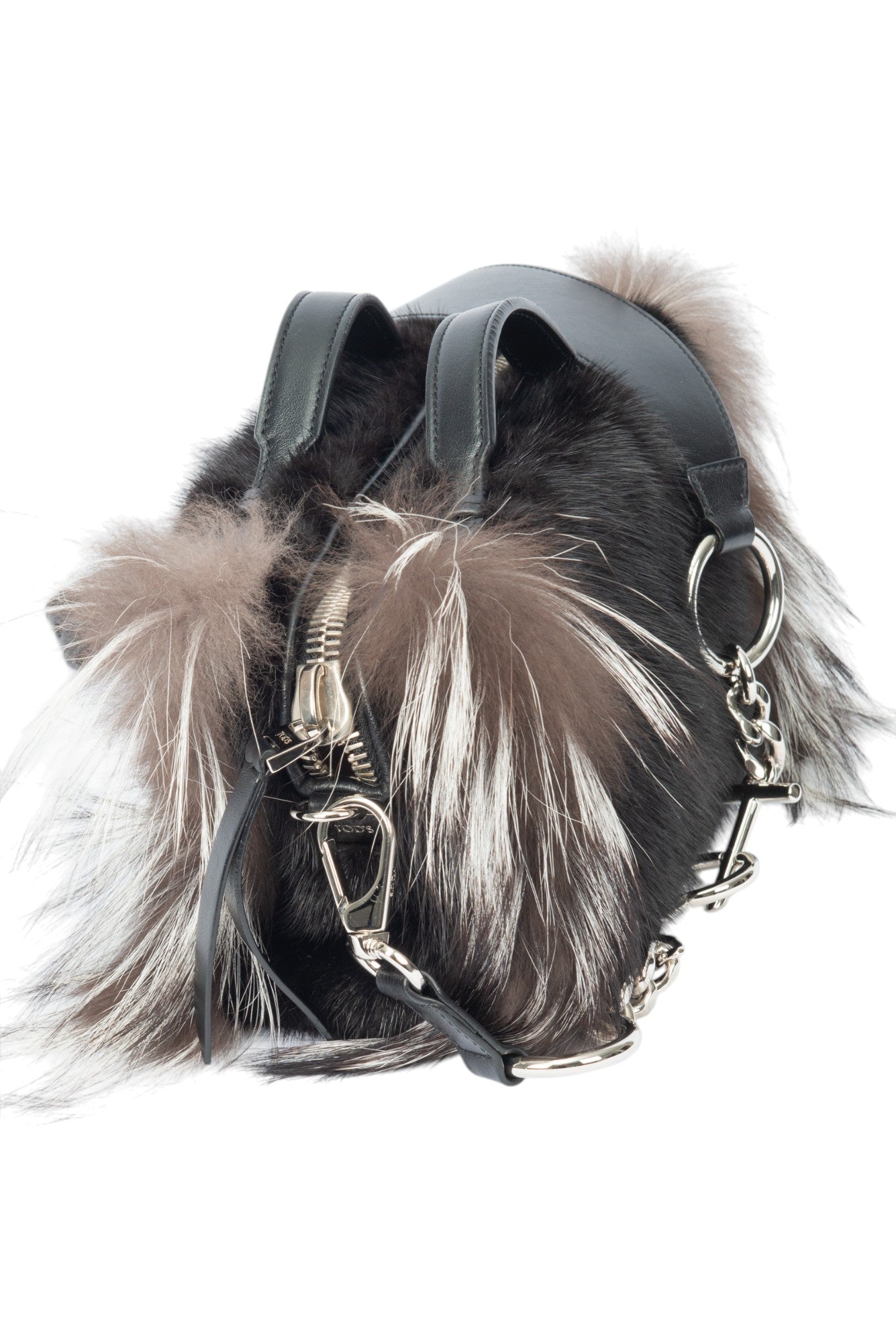 TOD'S Black/Grey Mink Fox Fur Leather Crossbody Shoulder Bag