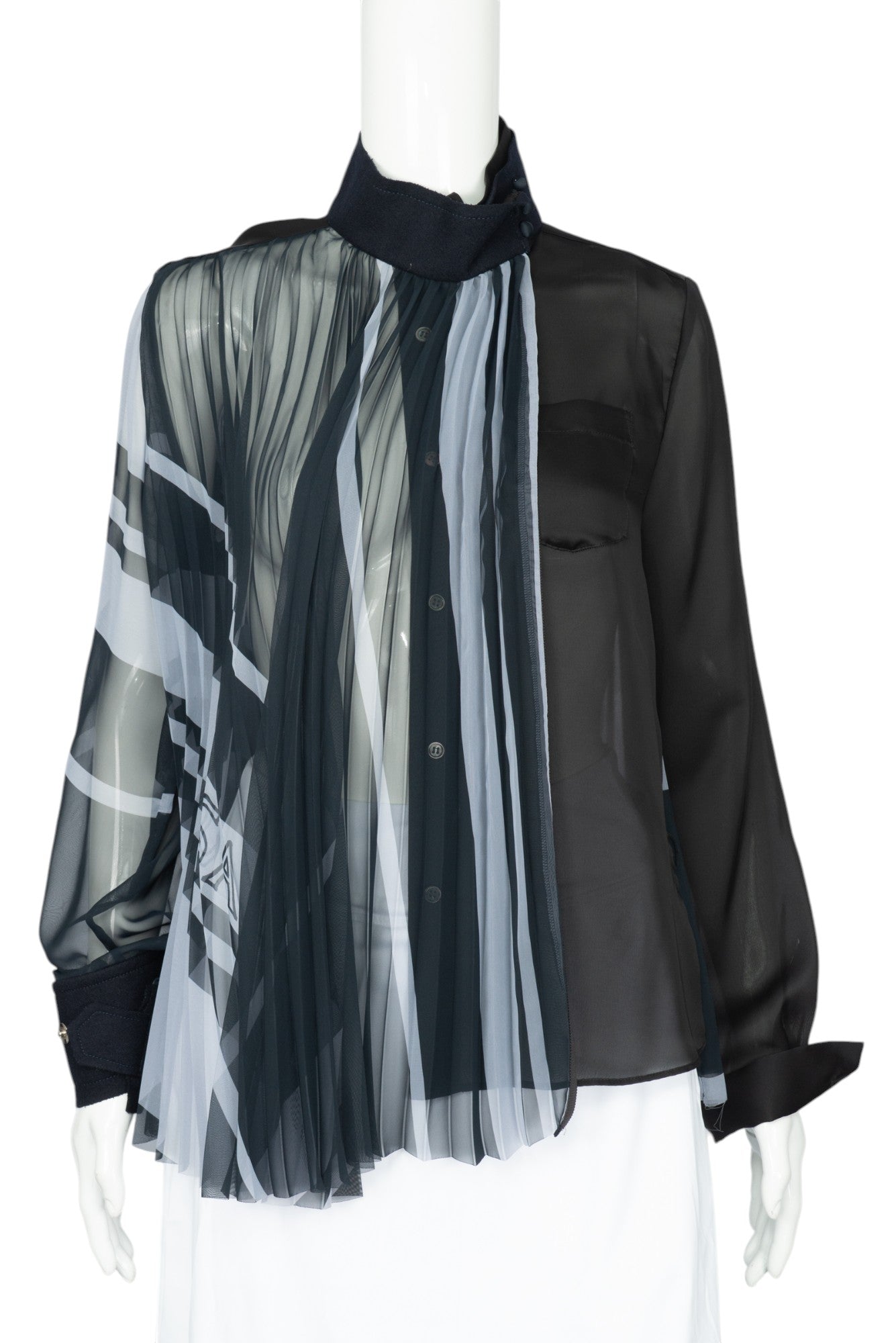 SACAI Black Pleated Button-Up Blouse Top Size S