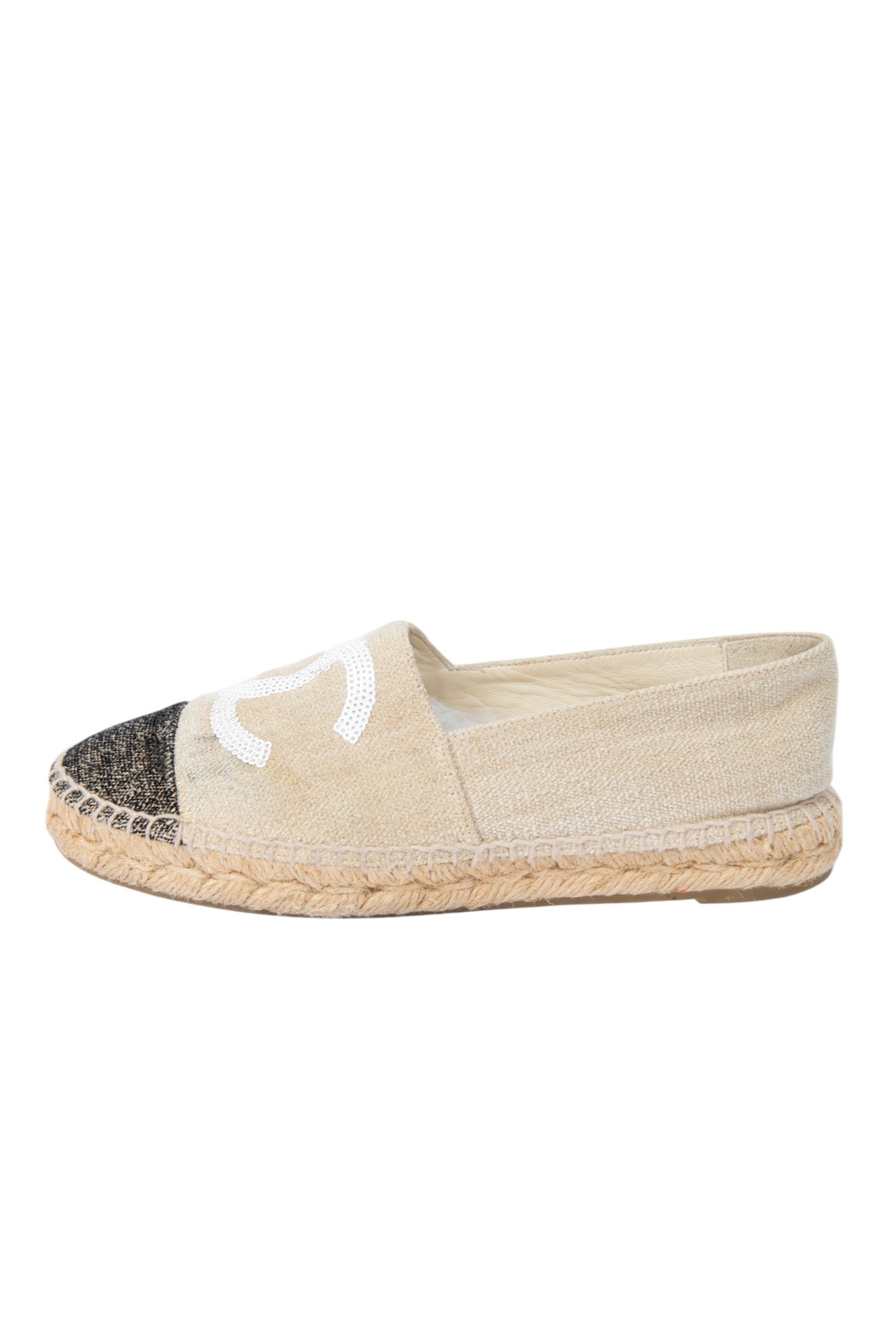 CHANEL Beige CC Canvas Sequin Espadrilles Flats Size 37 US 7