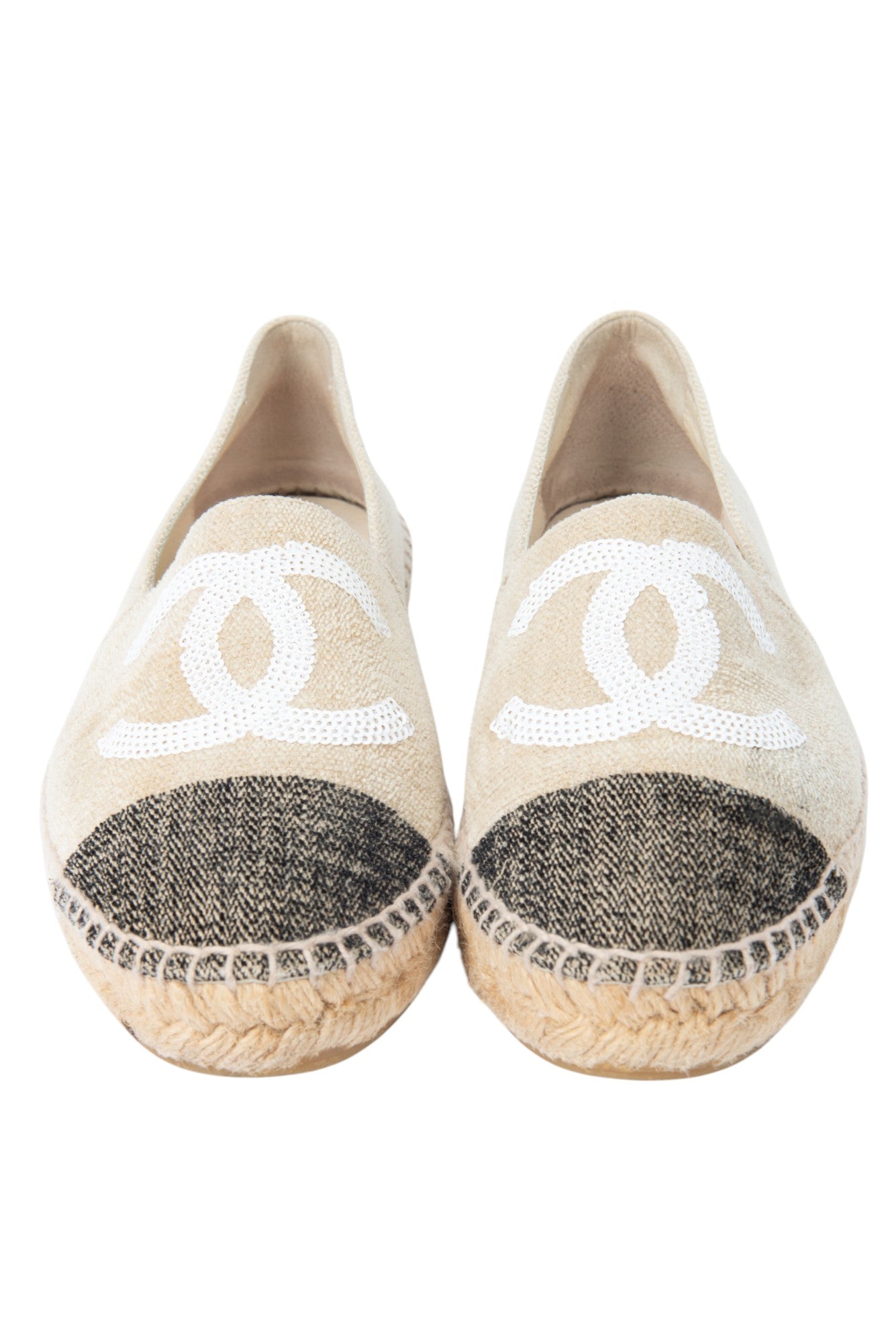 CHANEL Beige CC Canvas Sequin Espadrilles Flats Size 37 US 7