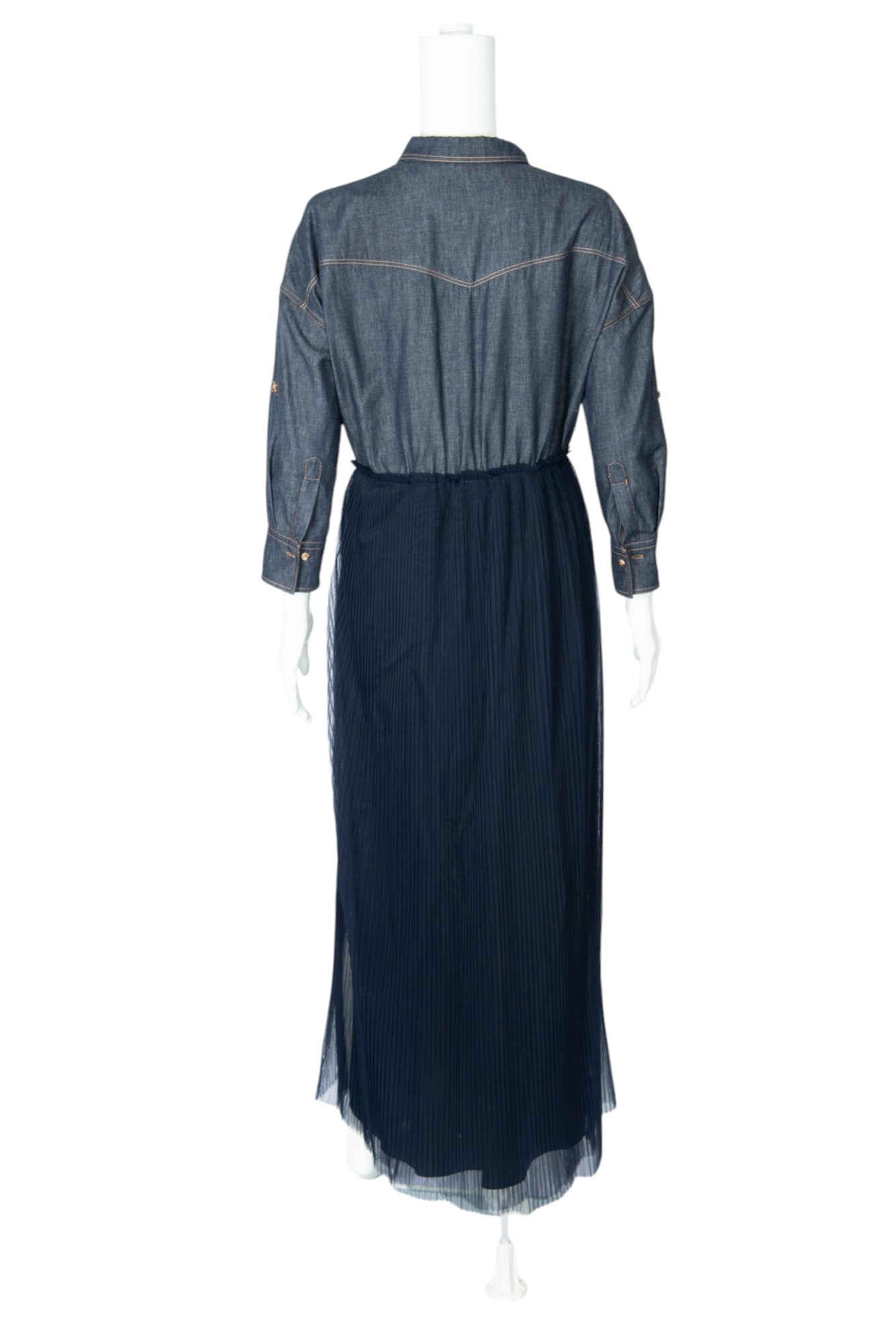 BRUNELLO CUCINELLI Denim Pleated Tulle Maxi Dress Size M