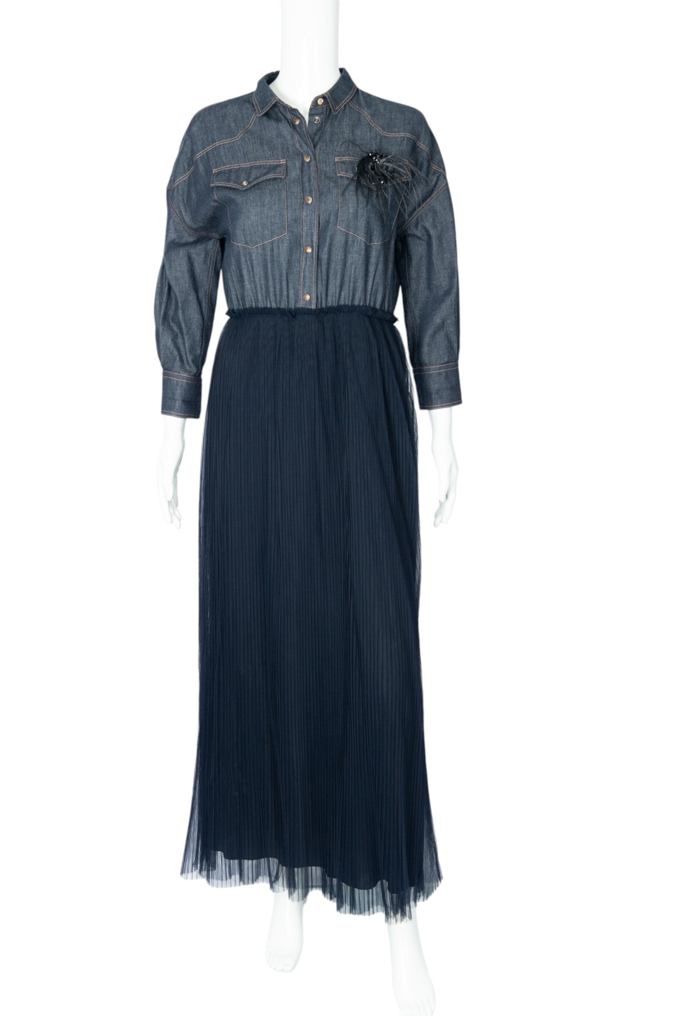 BRUNELLO CUCINELLI Denim Pleated Tulle Maxi Dress Size M