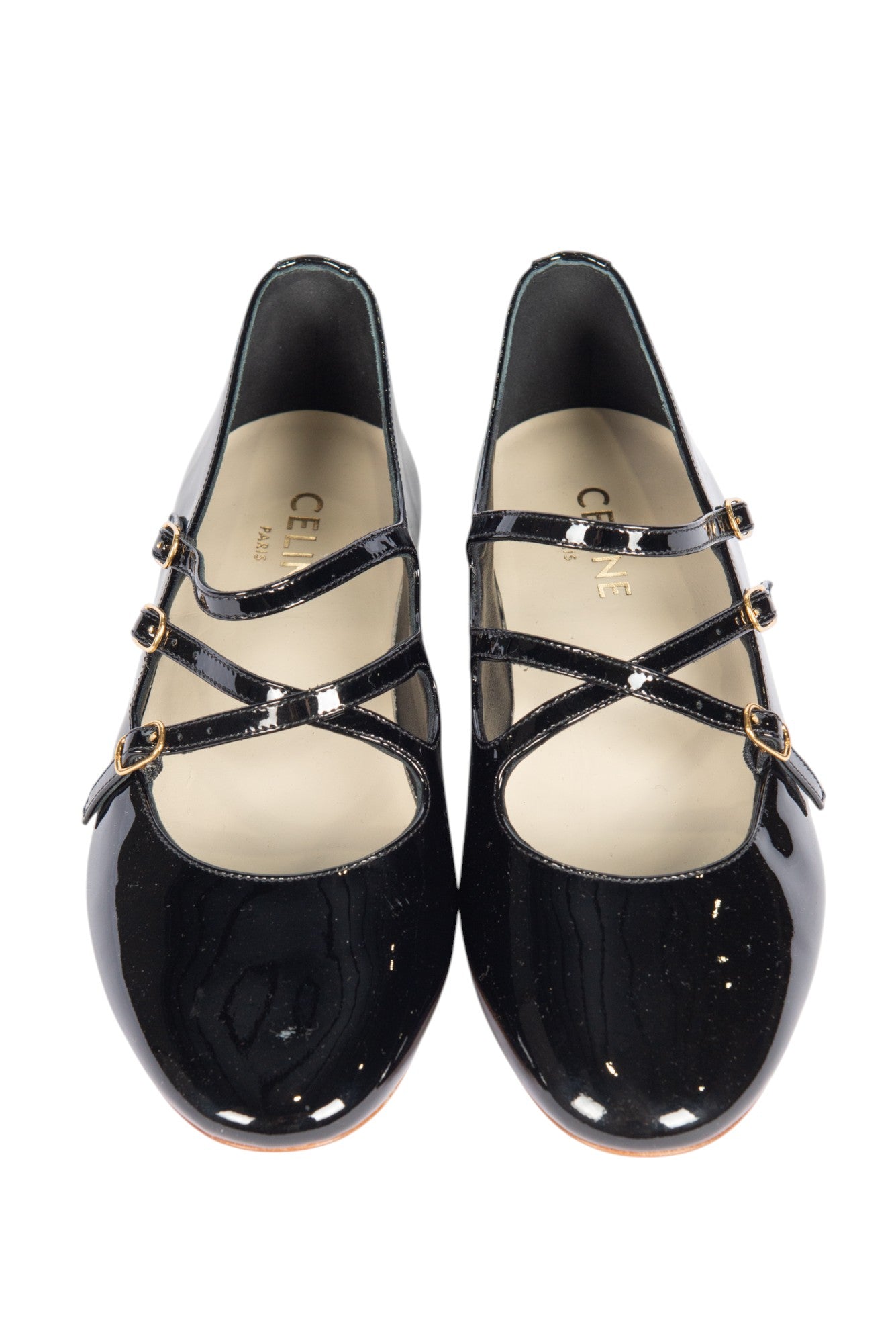 CELINE Patent Leather Mary Jane Flats Black 36.5