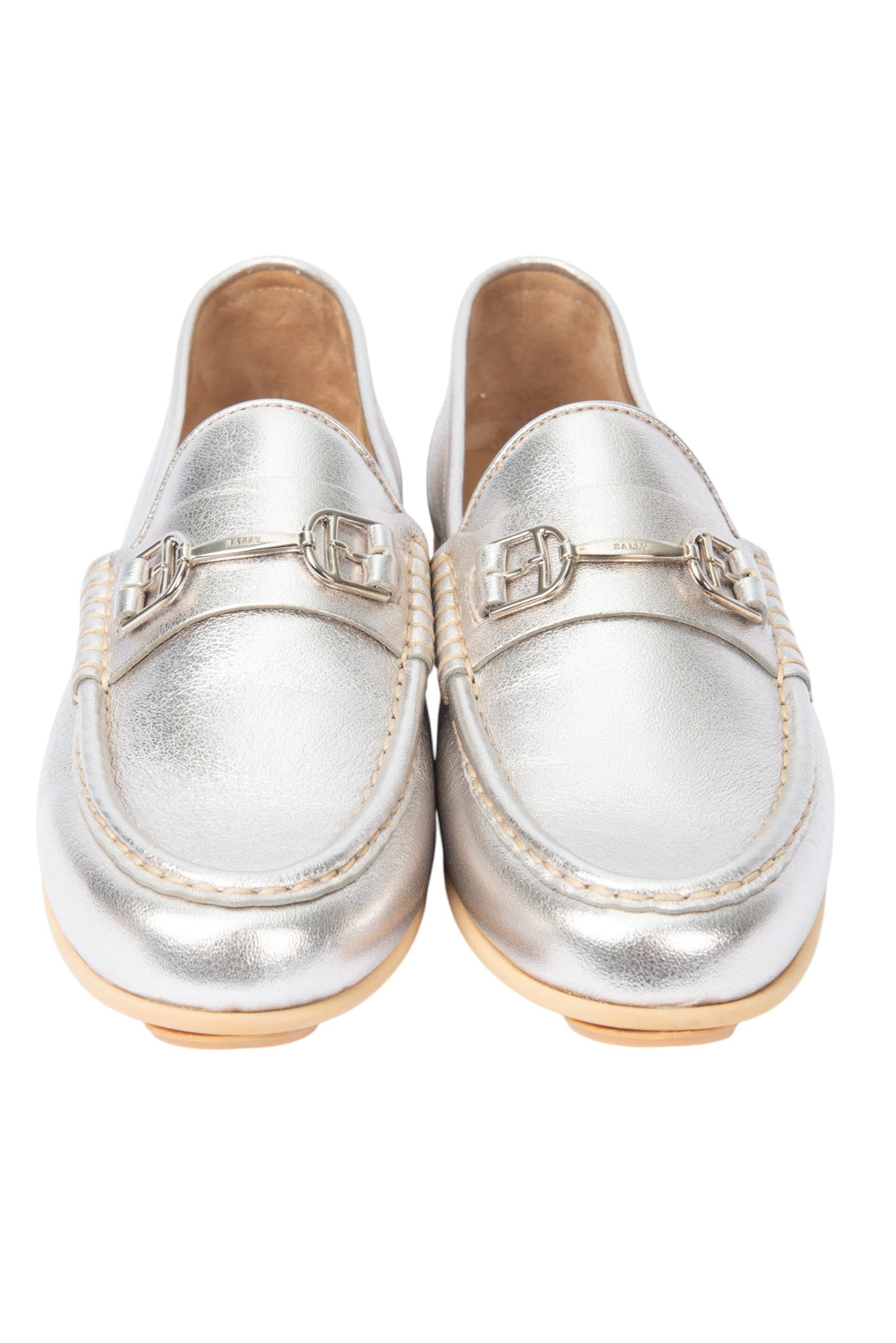 BALLY Silver Metallic Leather Loafers Flats Size 37 US 7
