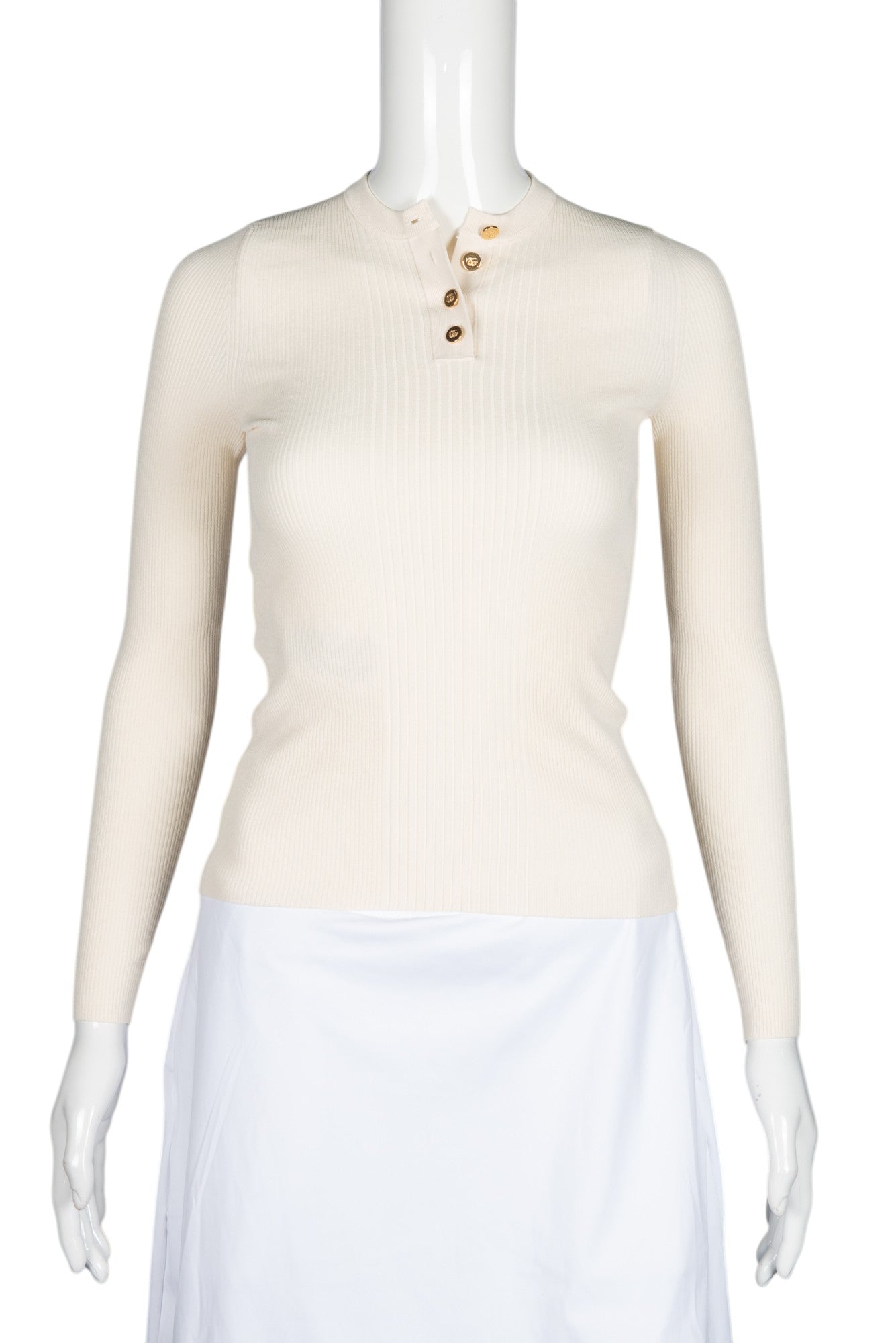 GUCCI Ivory Ribbed Knit Long Sleeve T-Shirt Size S