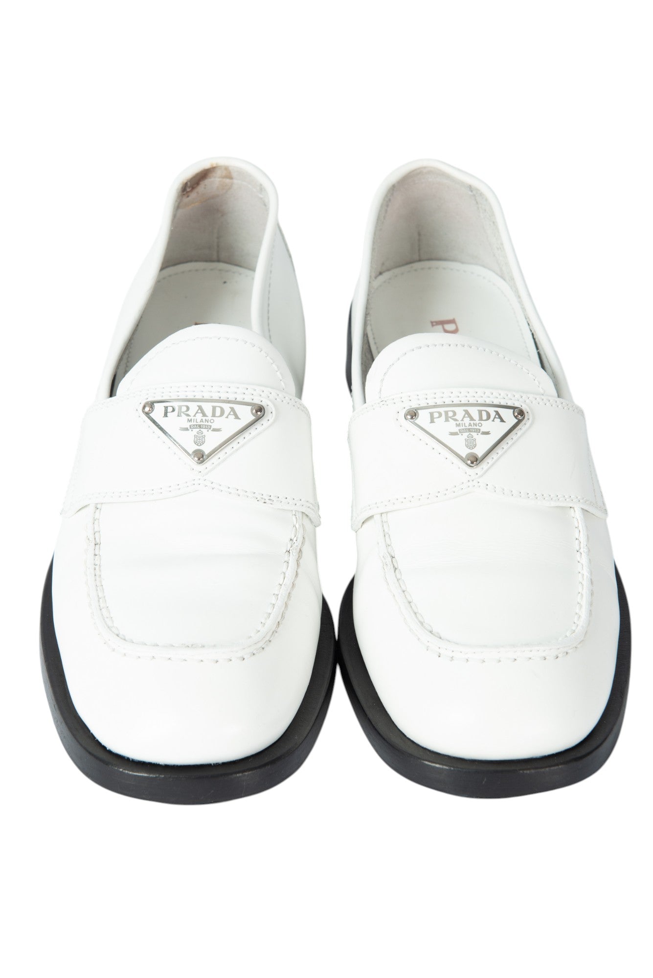 PRADA White Leather Triangle Logo Loafers Size 36.5 US 6.5