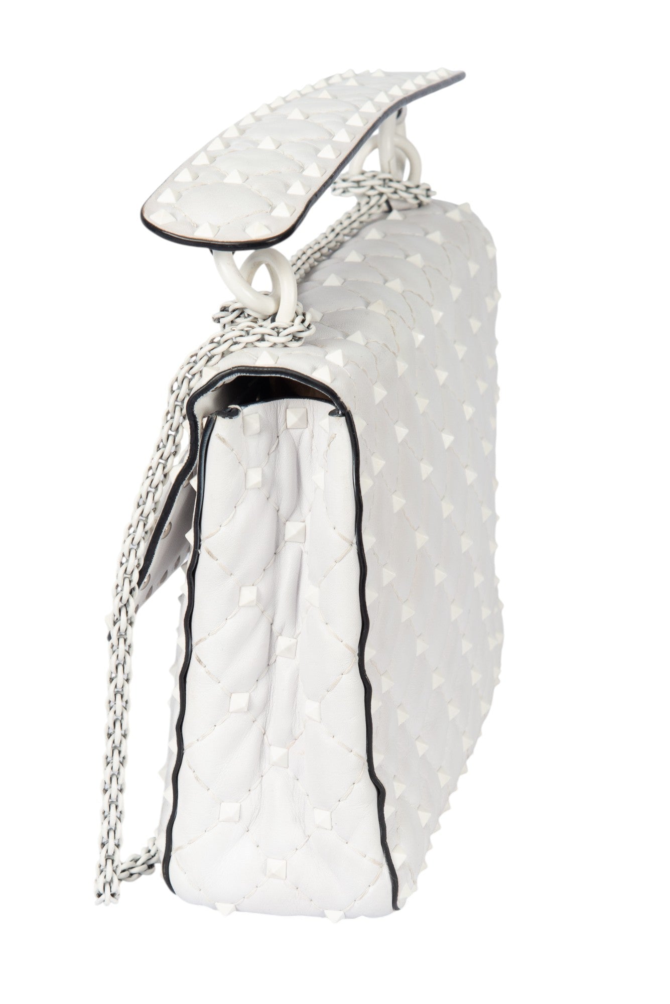 VALENTINO White Quilted Leather Rockstud Spike Shoulder Crossbody Bag