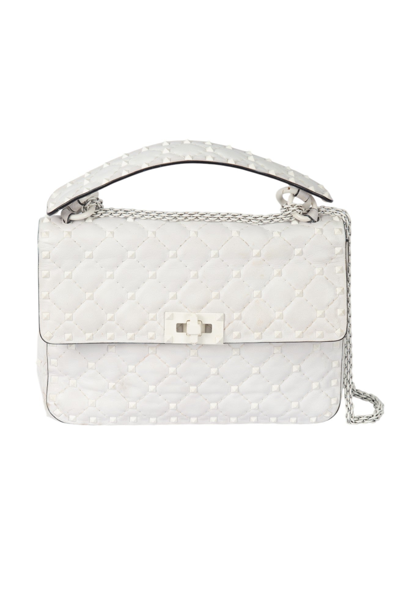VALENTINO White Quilted Leather Rockstud Spike Shoulder Crossbody Bag