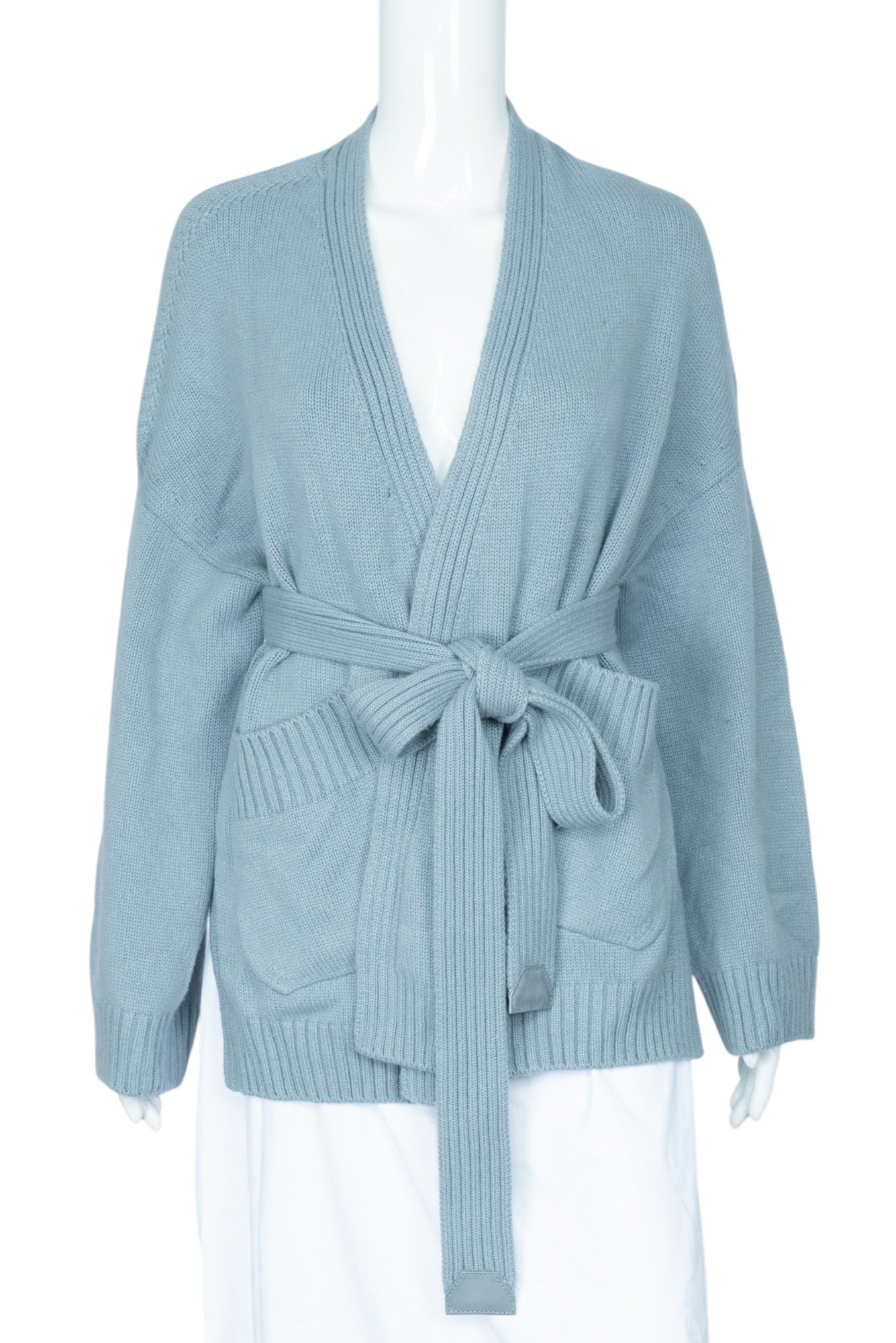 LORO PIANA Blue Cashmere Knit Belted Cardigan Size XS