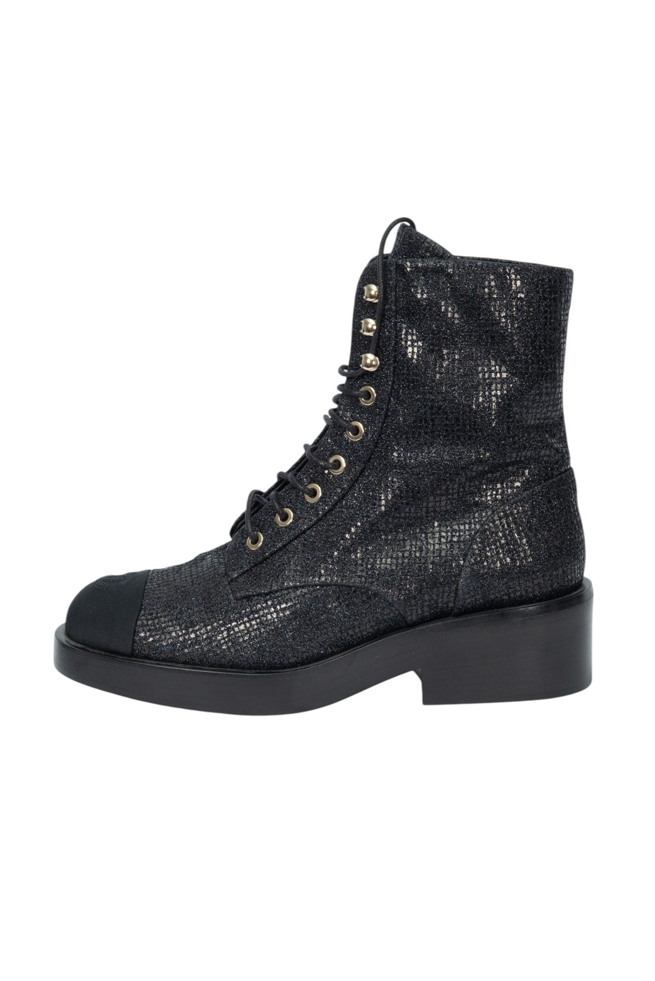 CHANEL Black Fabric Grosgrain CC Cap Toe Combat Boots Size 38.5 US 8.5