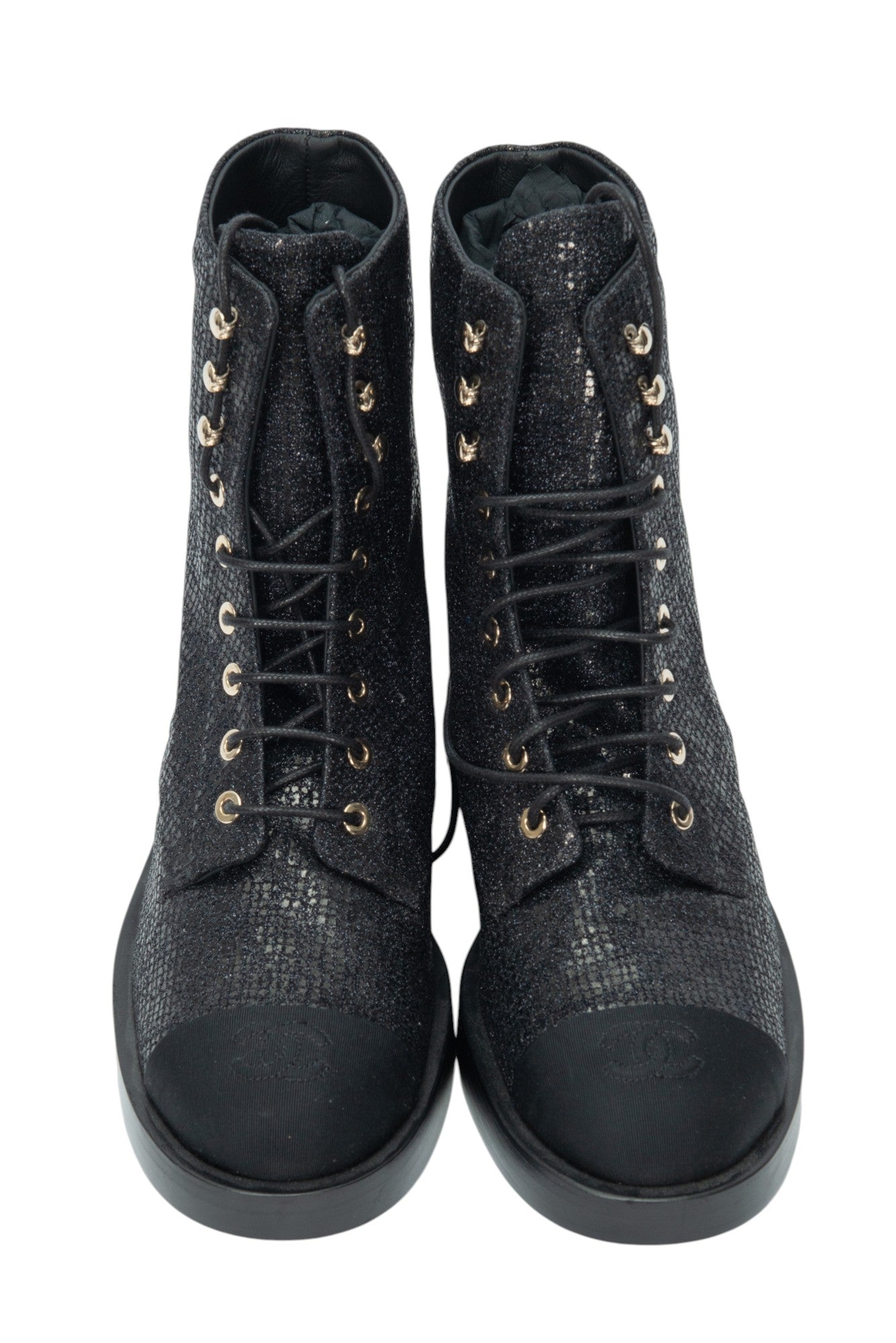 CHANEL Black Fabric Grosgrain CC Cap Toe Combat Boots Size 38.5 US 8.5