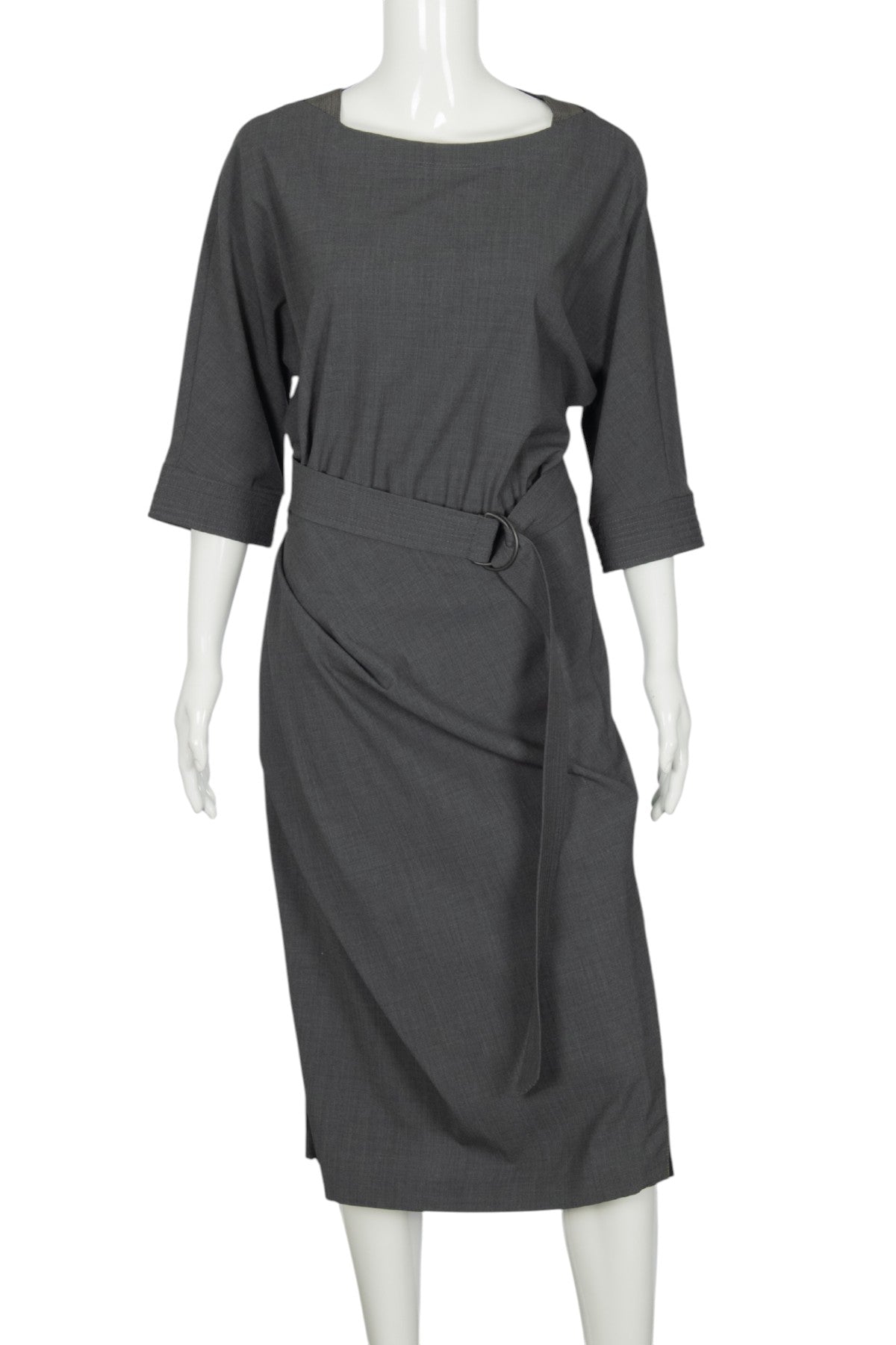 BRUNELLO CUCINELLI Gray Wool Blend Belted Midi Dress Size M