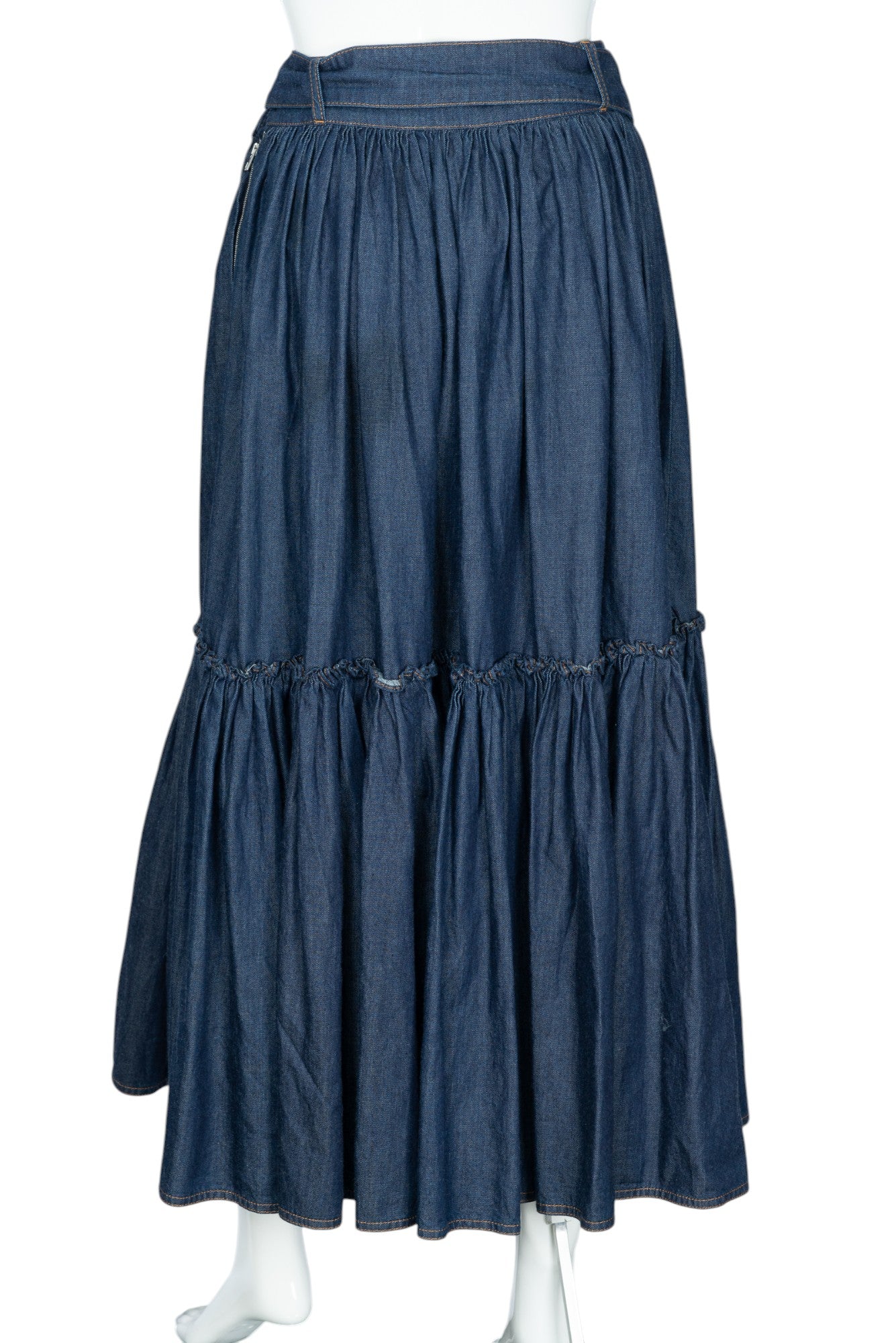 DIOR Denim Blue Belted Tiered Skirt Size 6